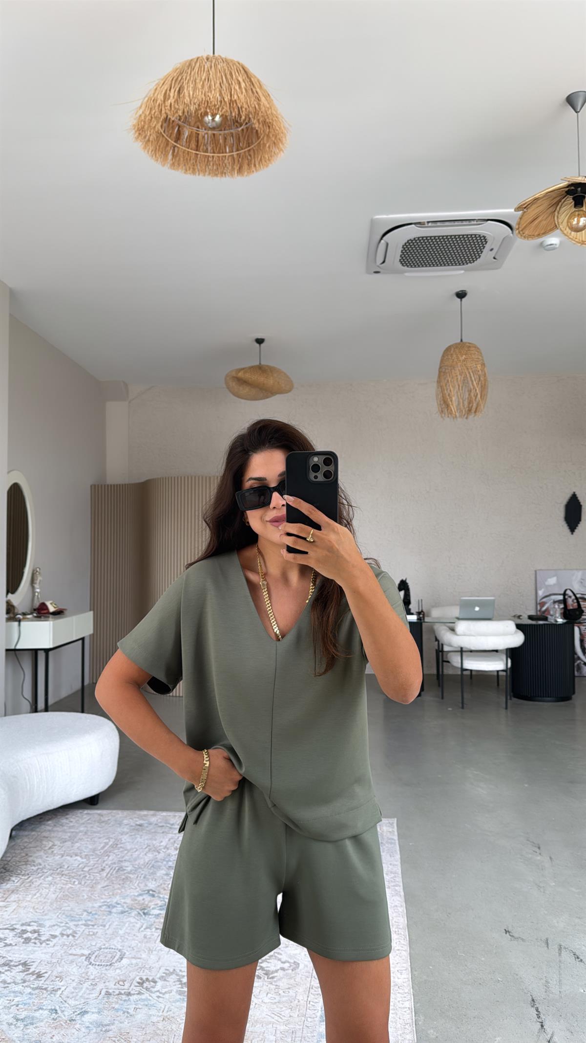 Haki Şort Bluz Modal Takım