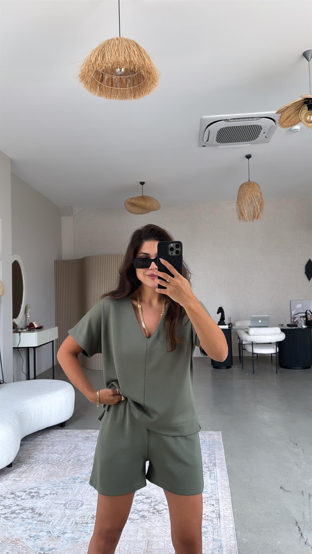 Haki Şort Bluz Modal Takım