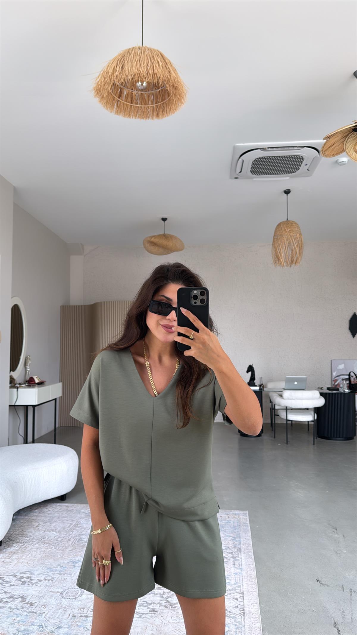 Haki Şort Bluz Modal Takım