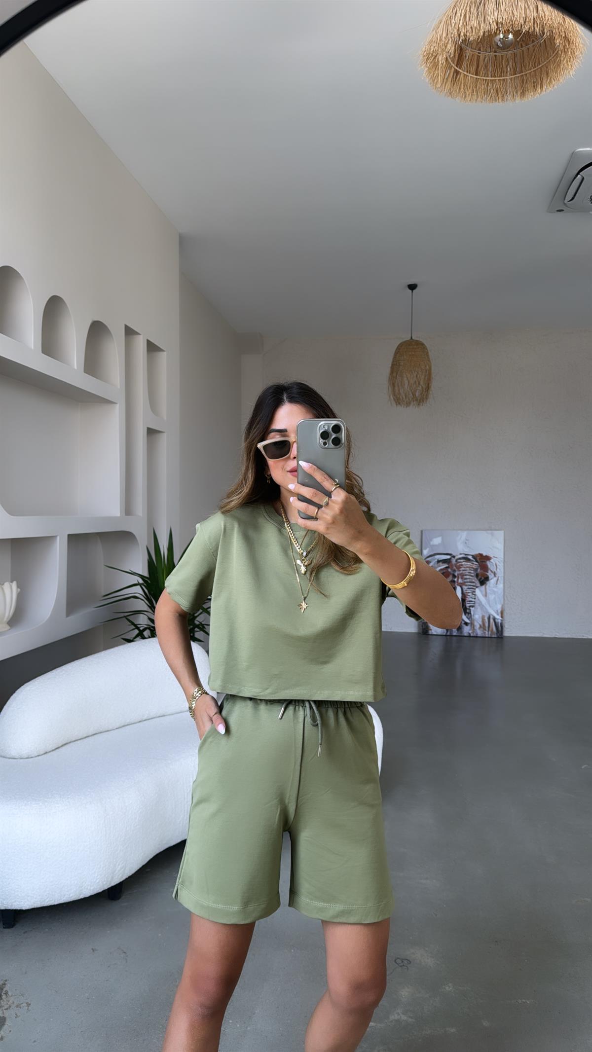 Haki Şort Bluz Pamuklu Takım