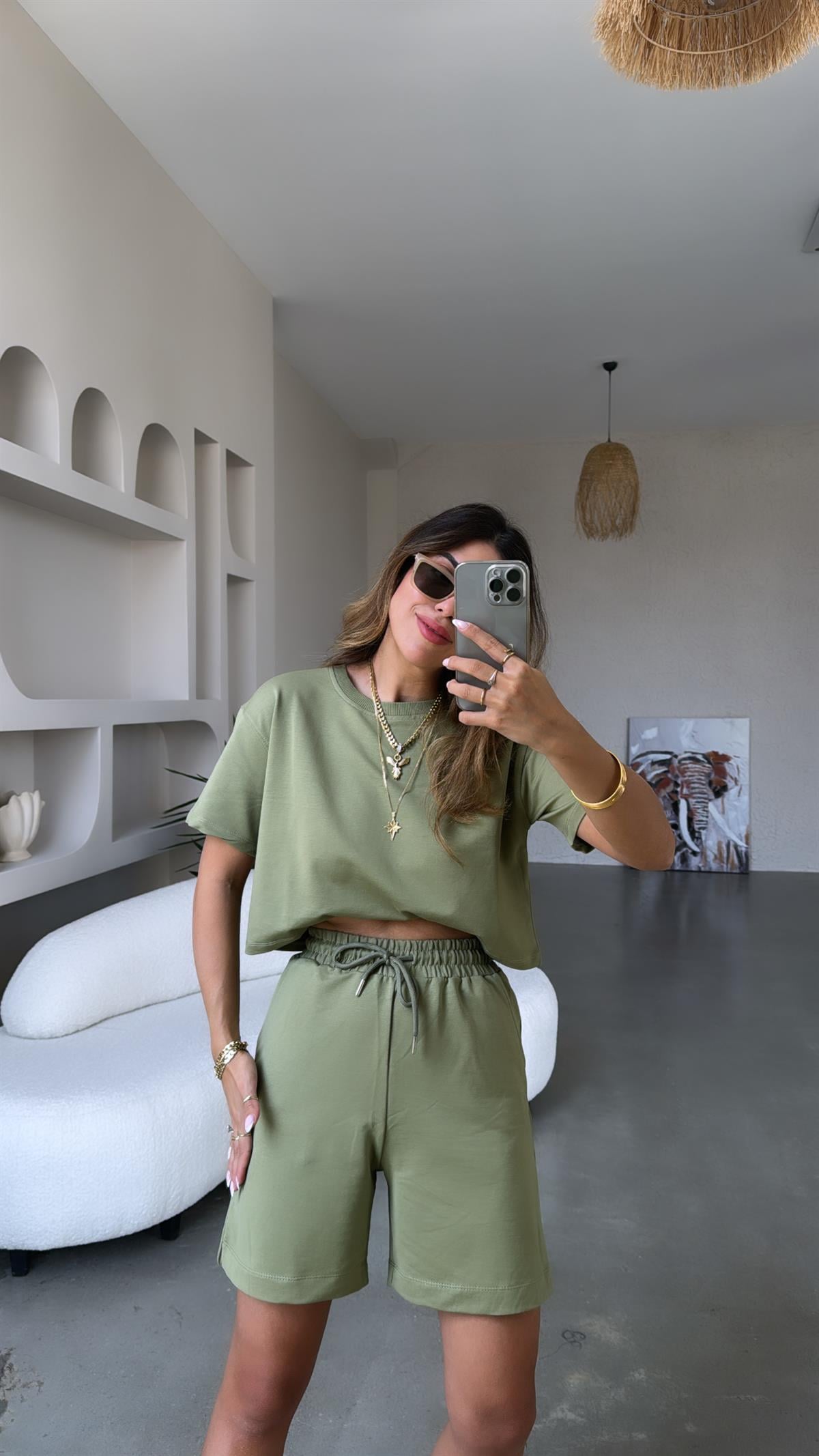 Haki Şort Bluz Pamuklu Takım