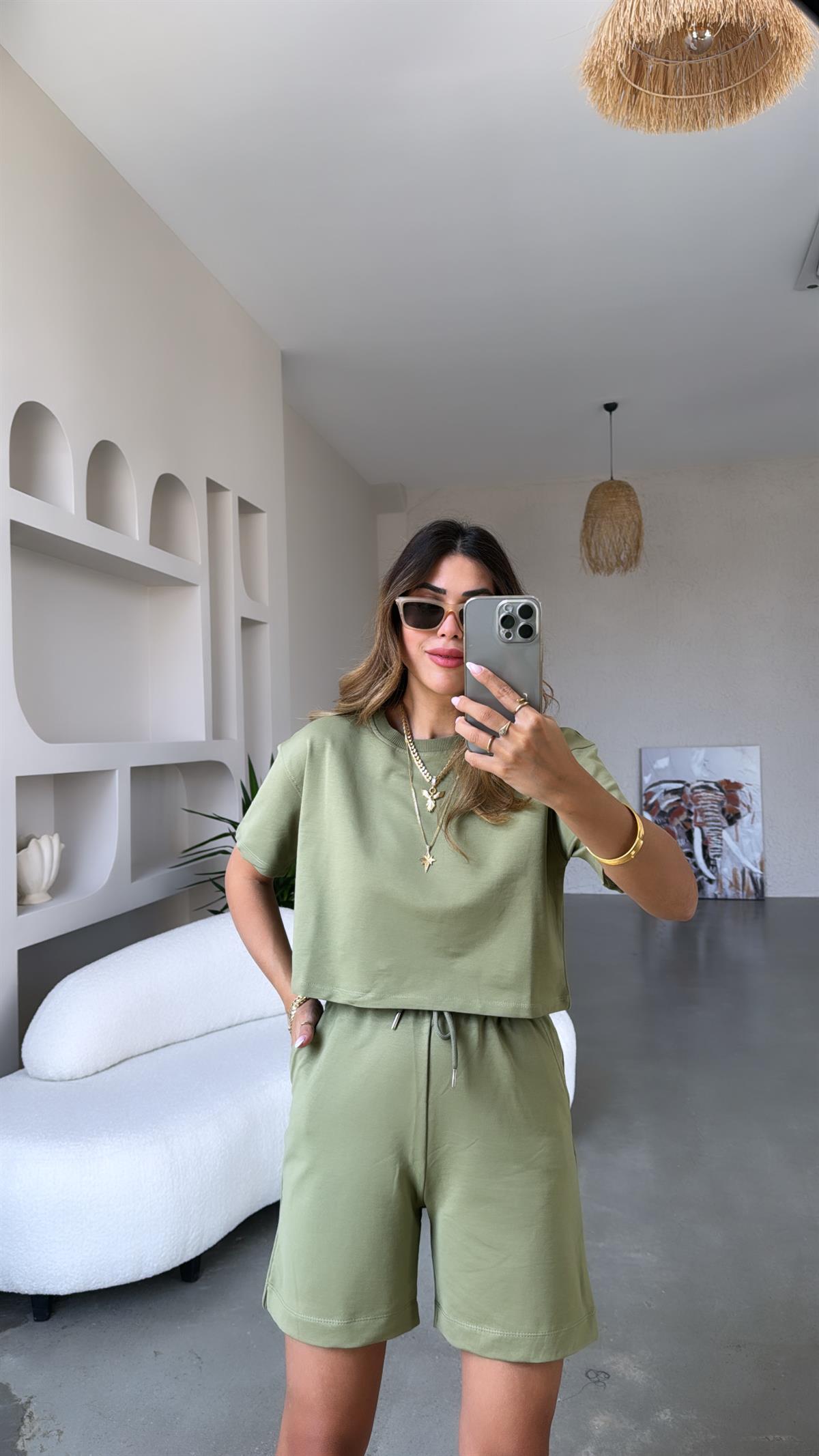 Haki Şort Bluz Pamuklu Takım