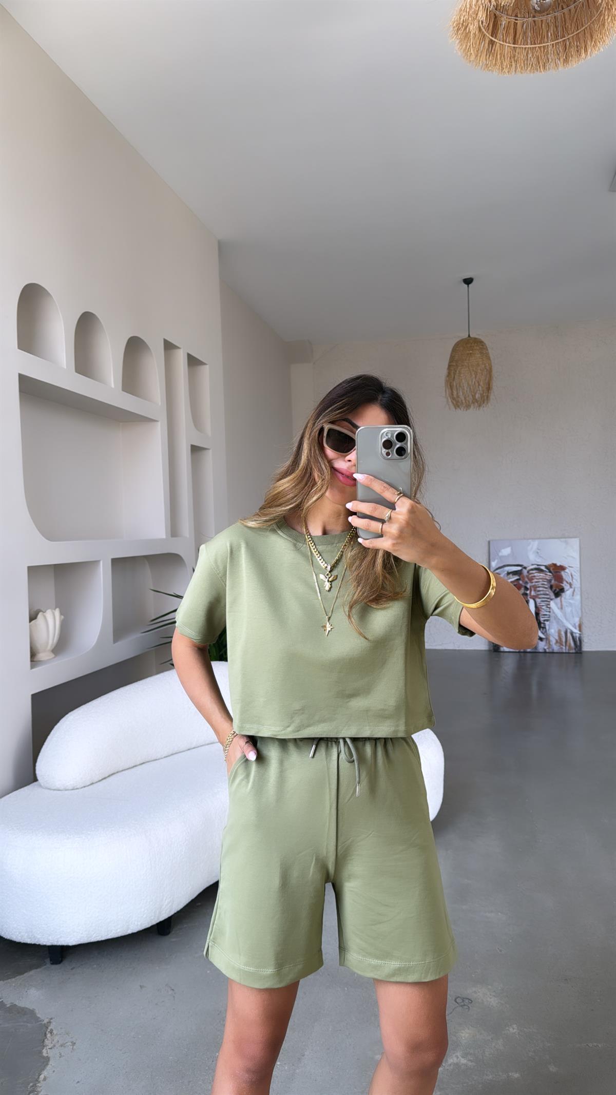 Haki Şort Bluz Pamuklu Takım