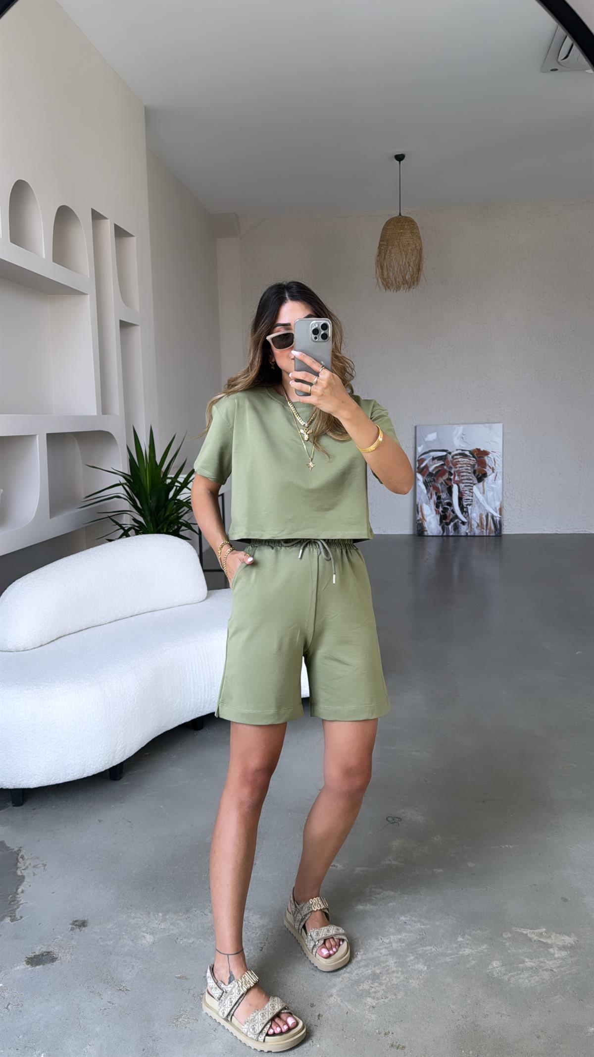 Haki Şort Bluz Pamuklu Takım