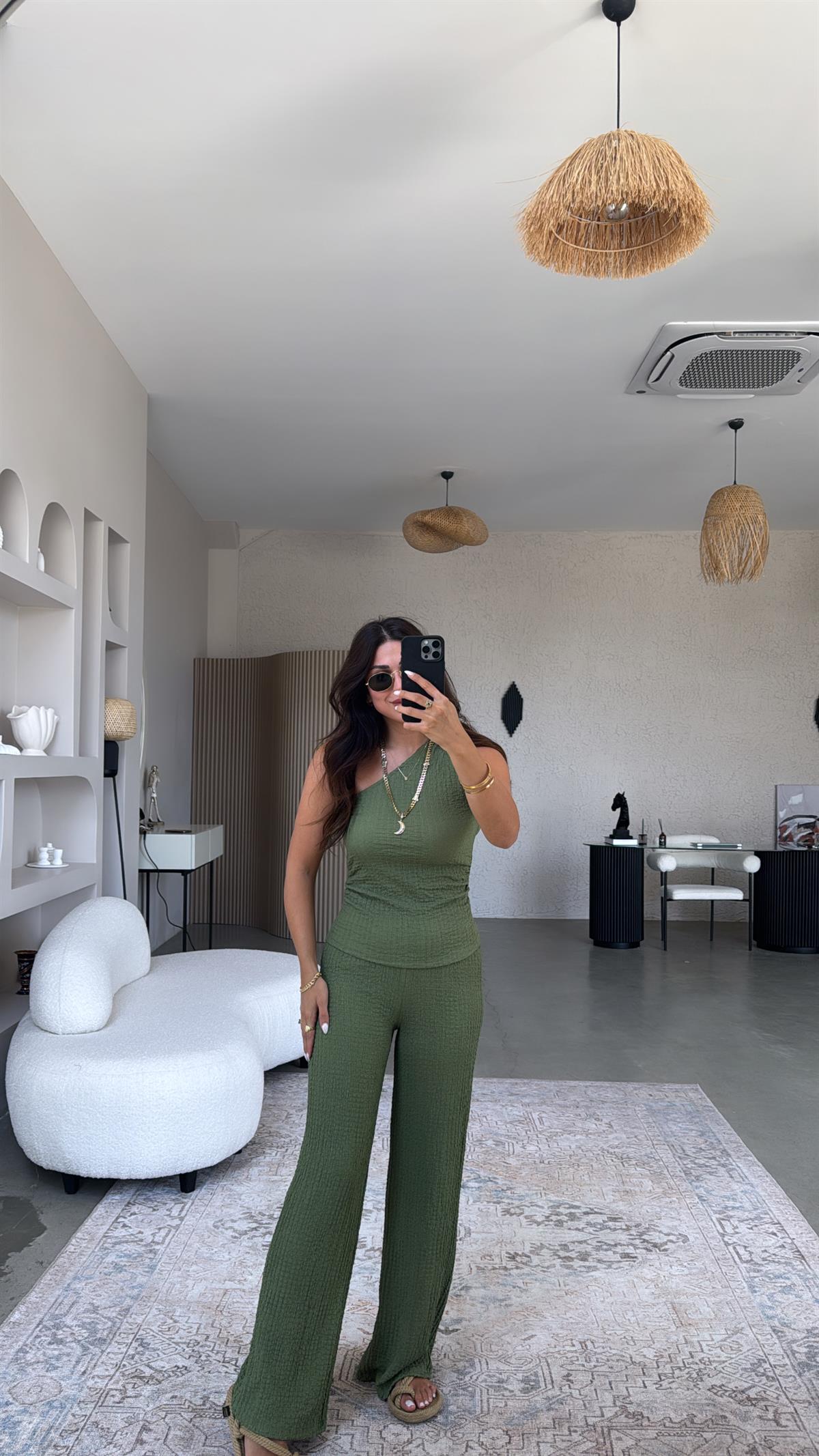 Haki Tek Omuz Gofre Takım