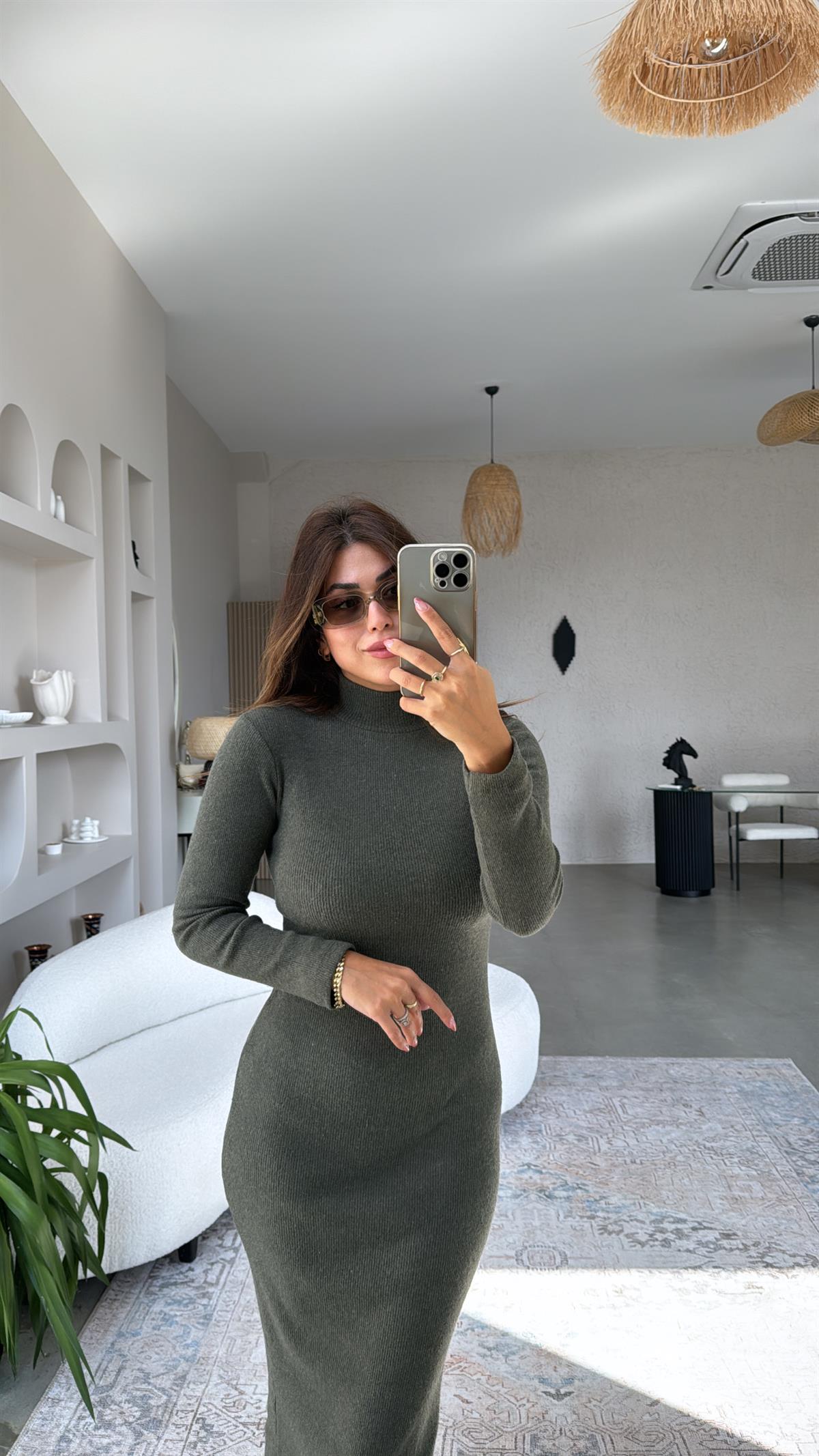 Haki Yün Karışımlı Triko Kalem Elbise