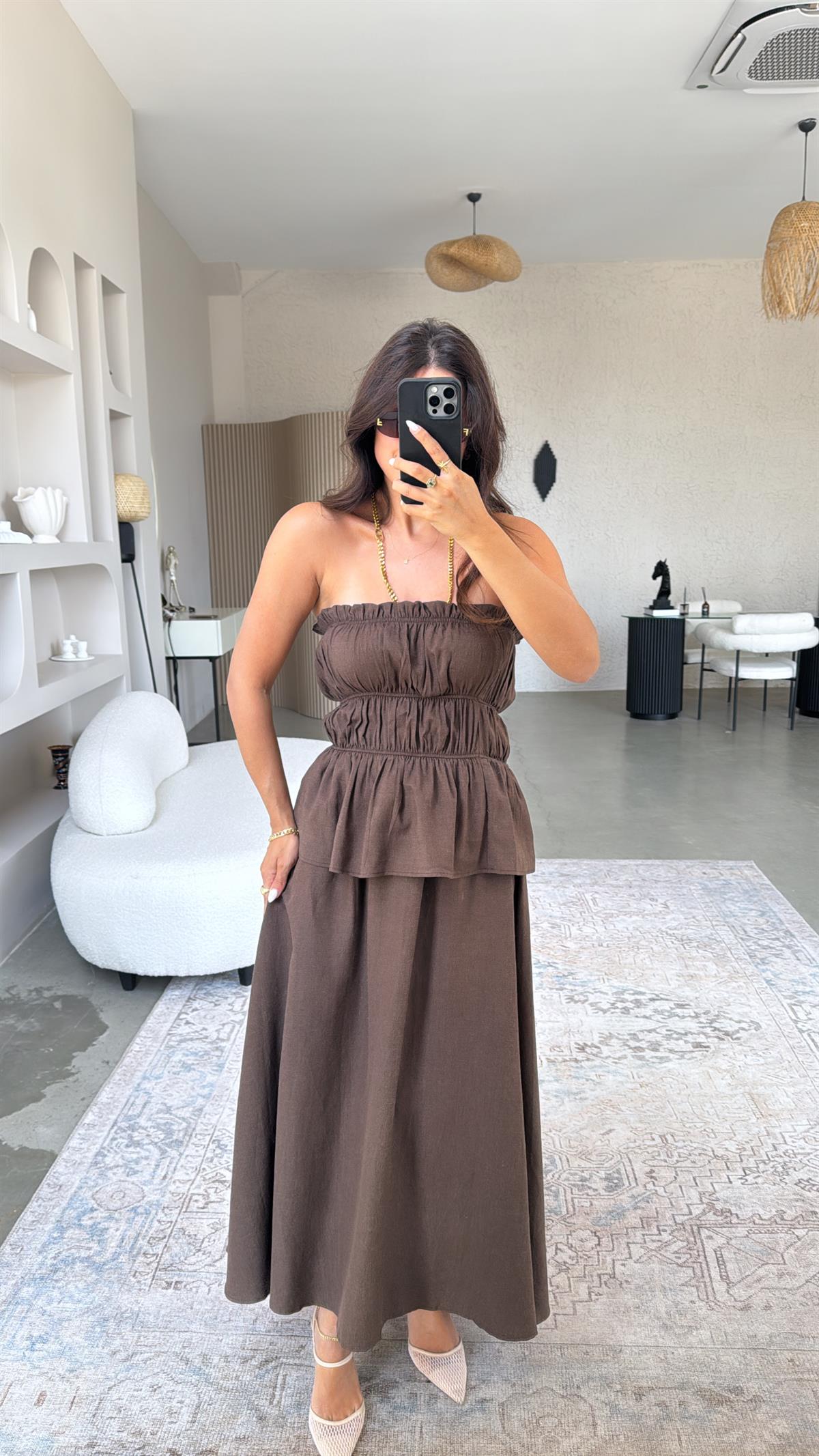 Ham Keten Straplez Etek Bluz Premium Takım