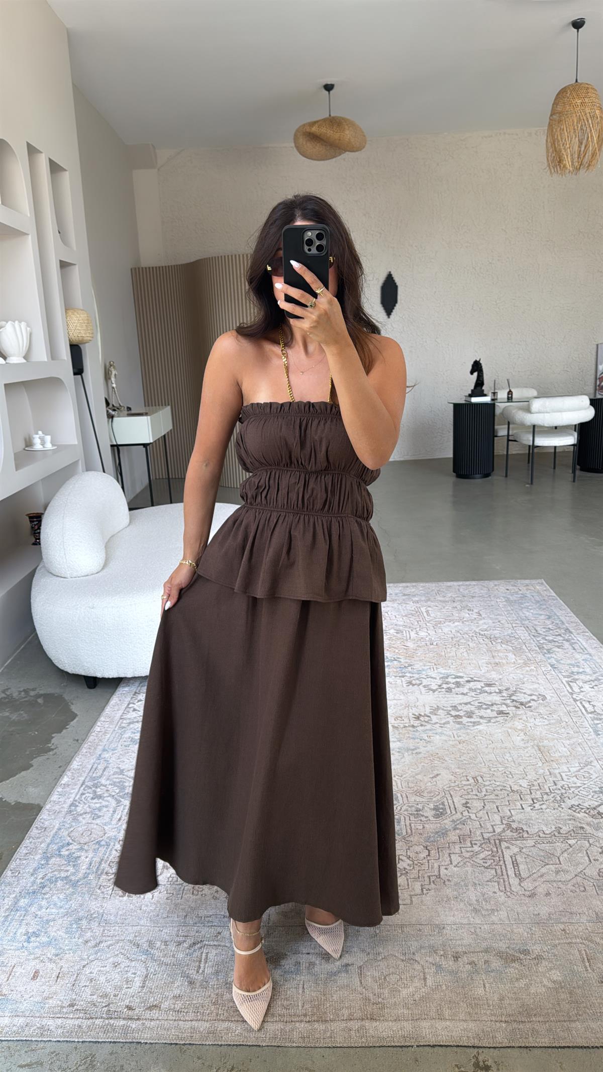 Ham Keten Straplez Etek Bluz Premium Takım