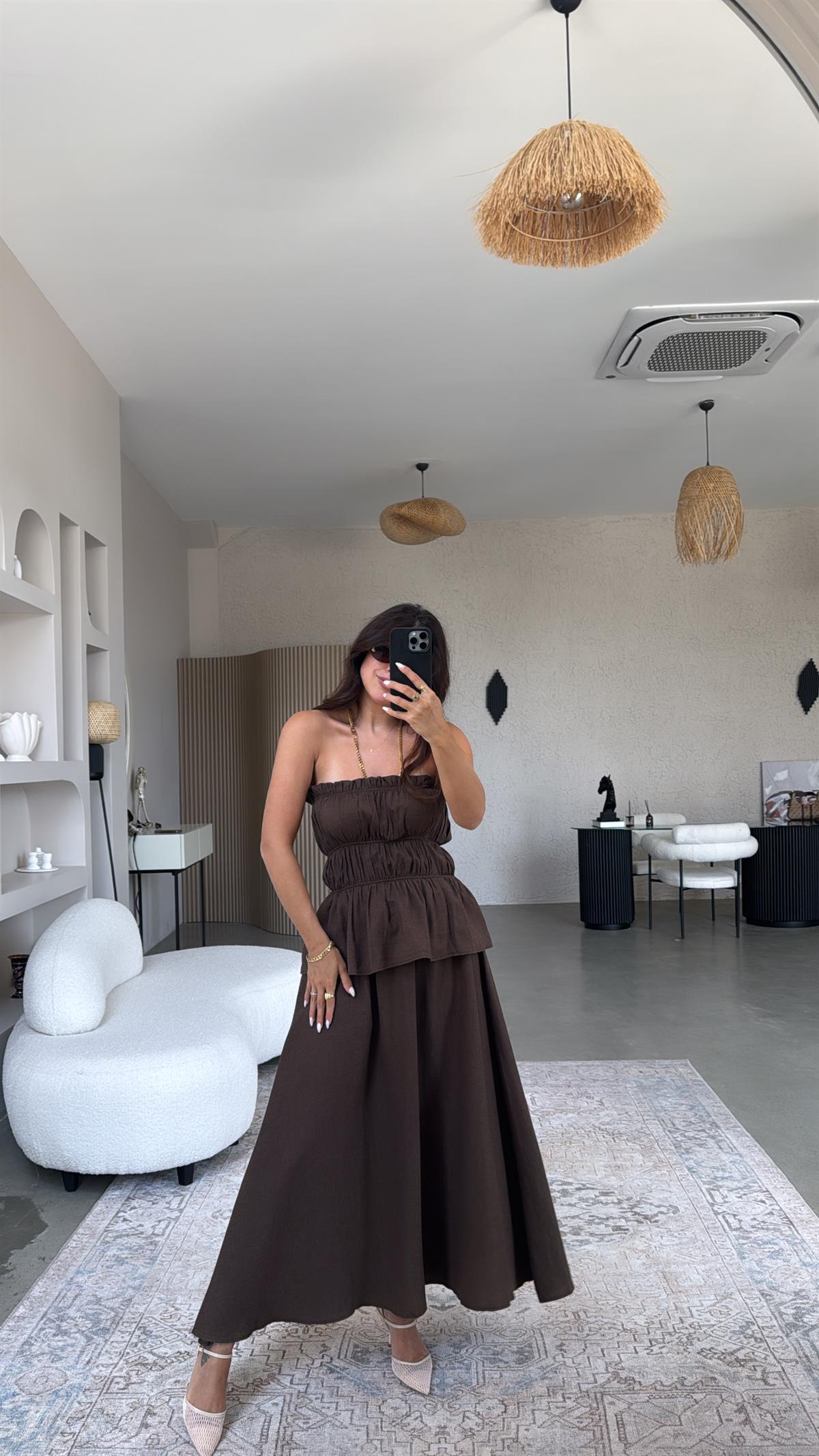 Ham Keten Straplez Etek Bluz Premium Takım