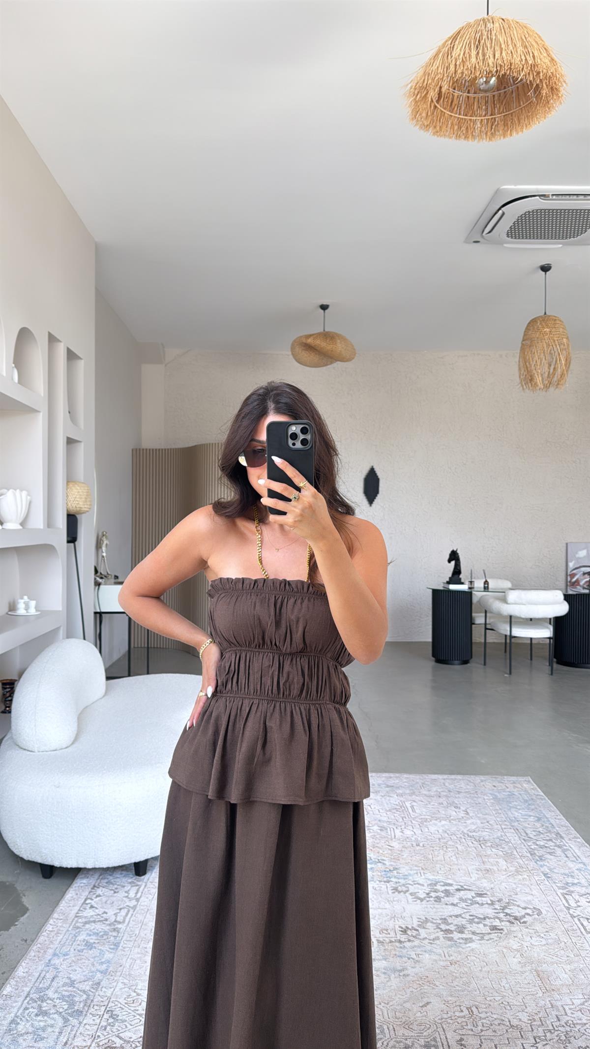 Ham Keten Straplez Etek Bluz Premium Takım