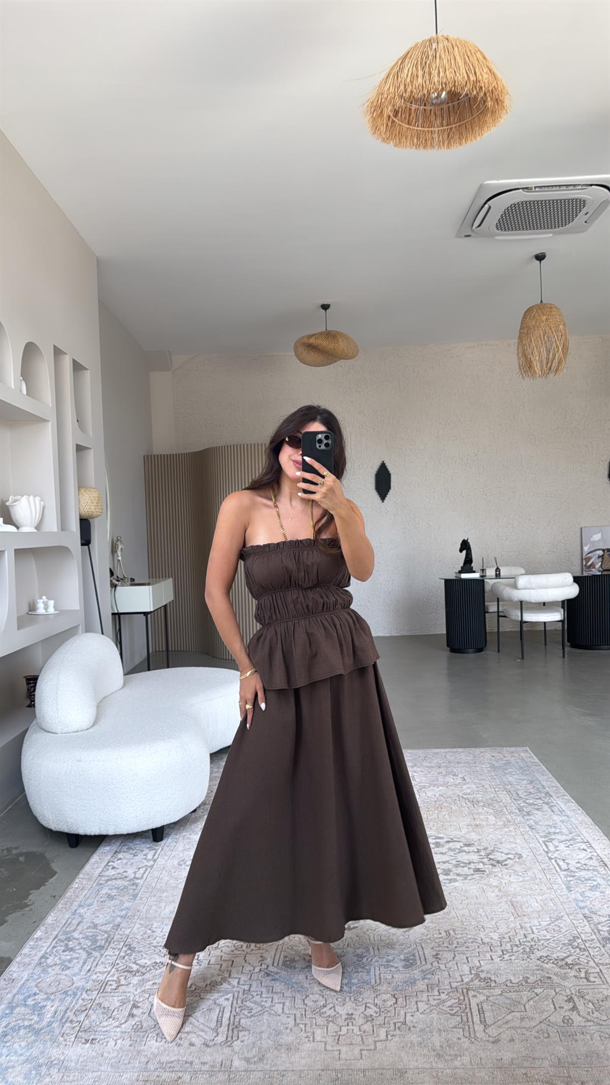 Ham Keten Straplez Etek Bluz Premium Takım