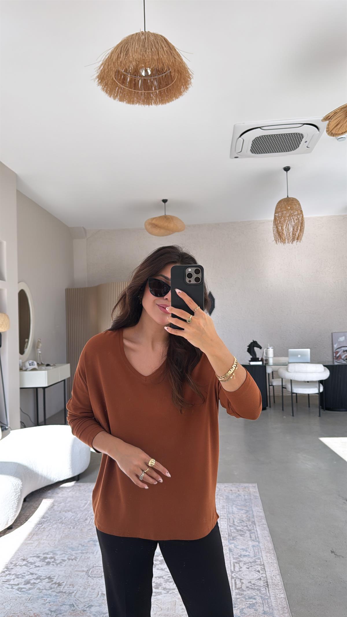 Hardal V Yaka Basic İnce Triko Bluz