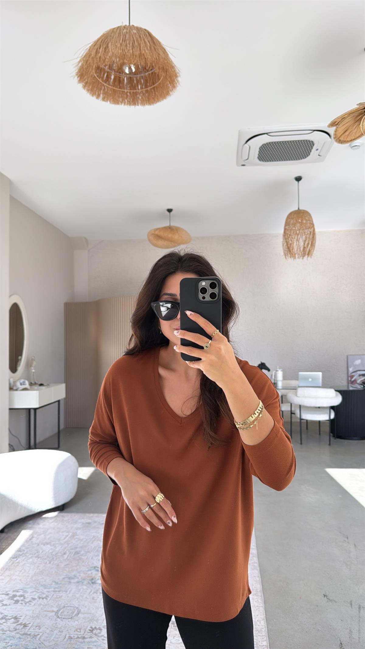 Hardal V Yaka Basic İnce Triko Bluz