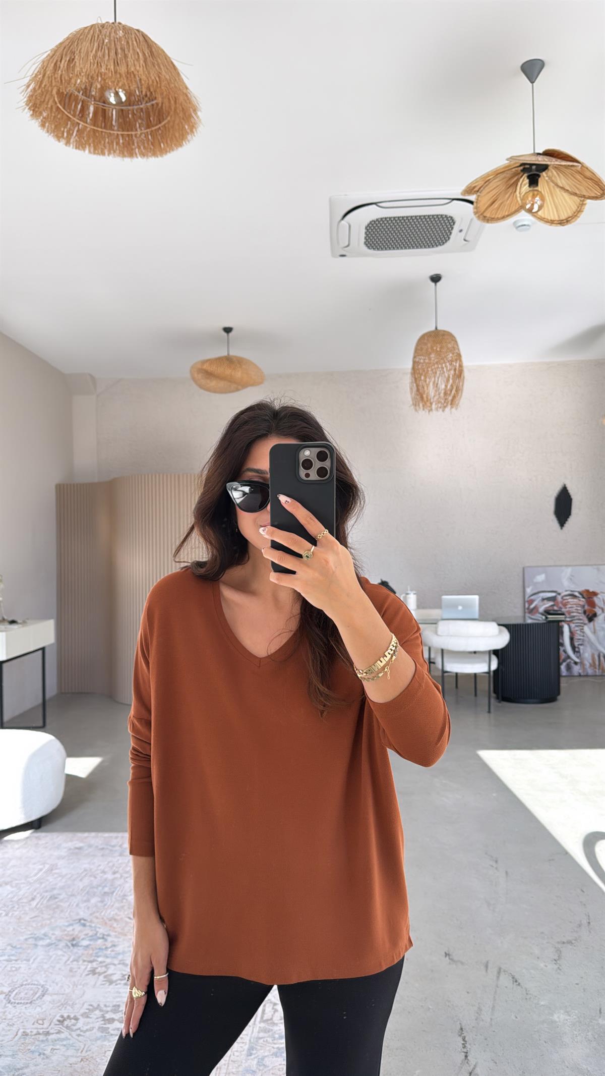 Hardal V Yaka Basic İnce Triko Bluz