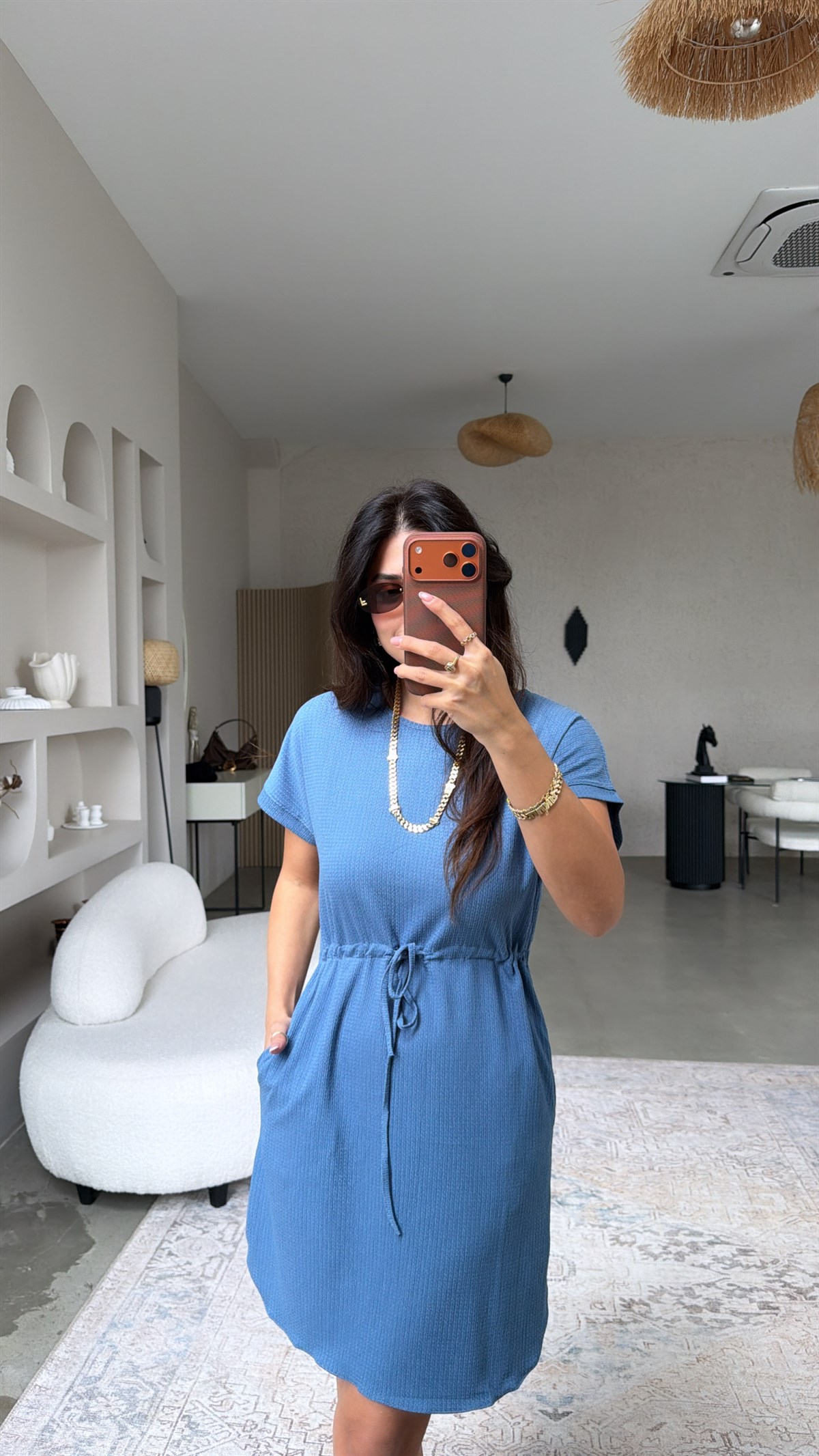 İndigo Bürümcük Beli İpli Elbise