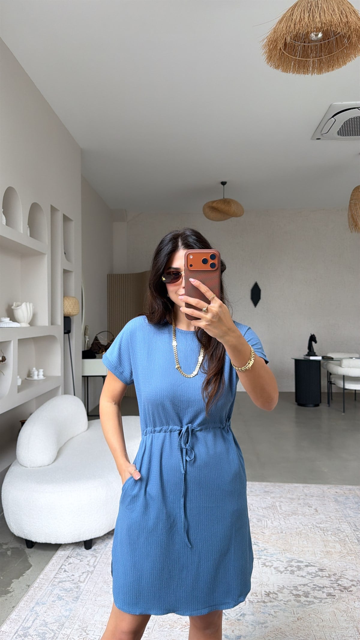 İndigo Bürümcük Beli İpli Elbise