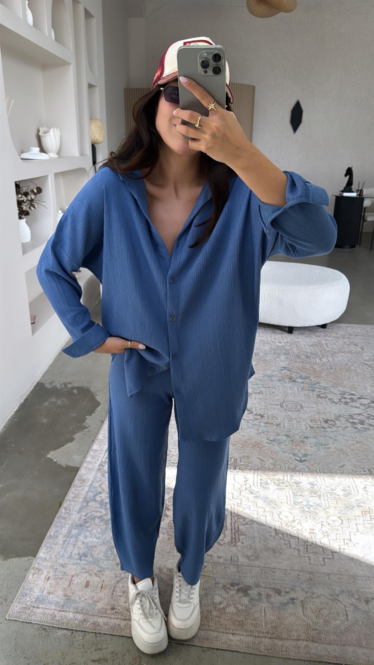 İndigo Bürümcük Gömlek Pantolon Takım