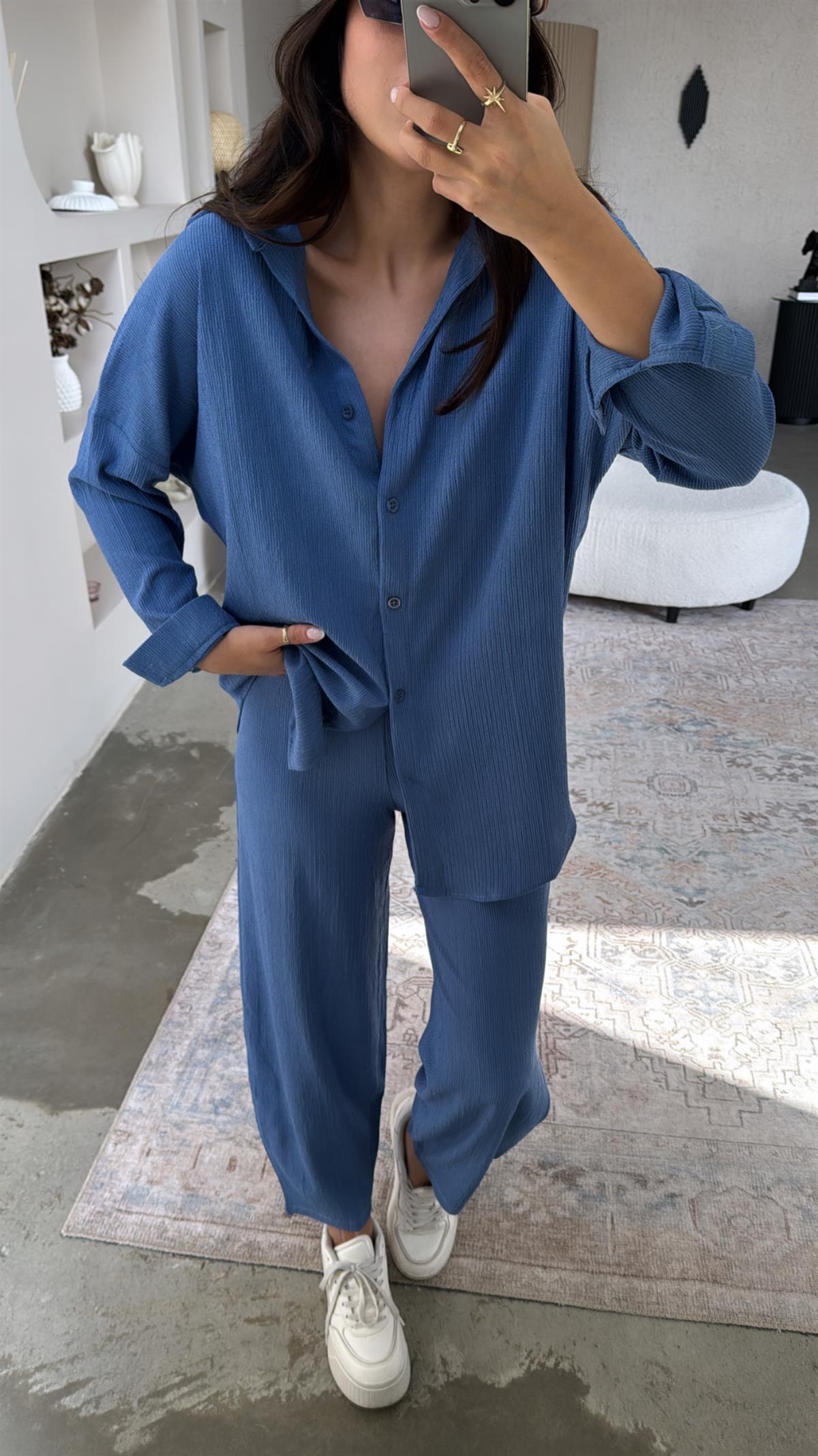 İndigo Bürümcük Gömlek Pantolon Takım