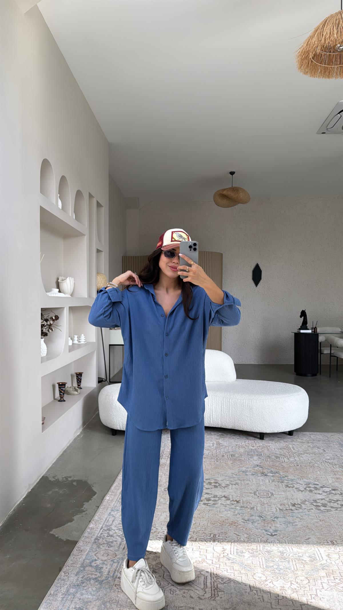 İndigo Bürümcük Gömlek Pantolon Takım