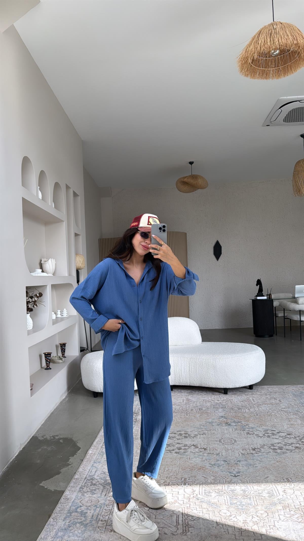 İndigo Bürümcük Gömlek Pantolon Takım