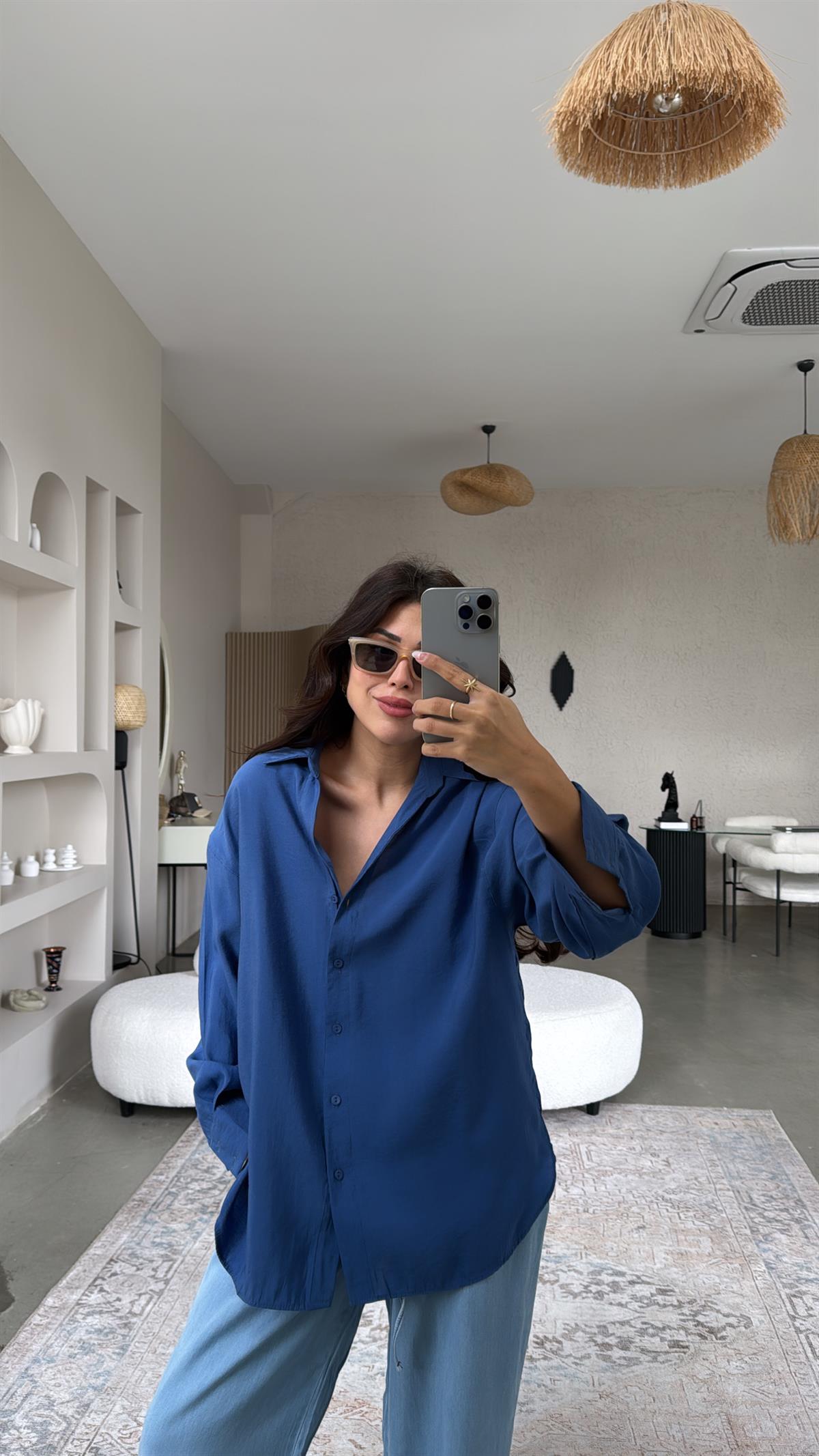 İndigo Dokuma Modal Gömlek