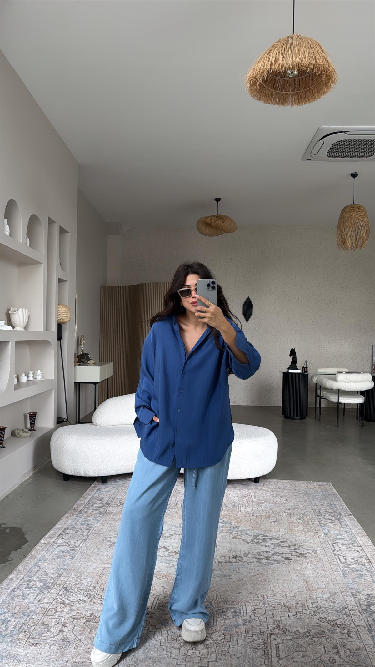 İndigo Dokuma Modal Gömlek