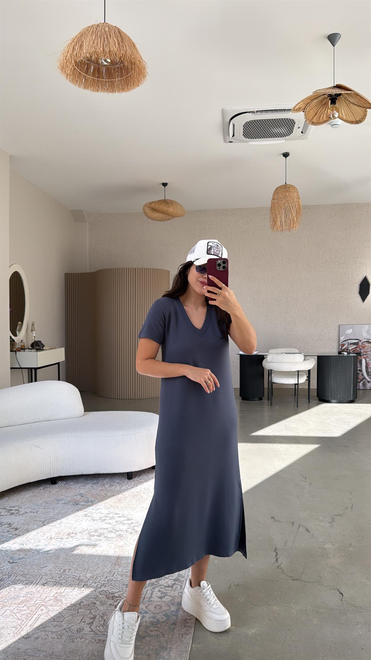 Antrasit Kısa Kol V Yaka Basic Elbise