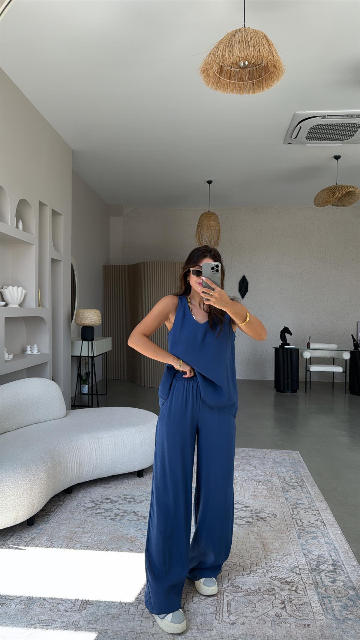 İndigo Pantolon Bluz Dökümlü Takım