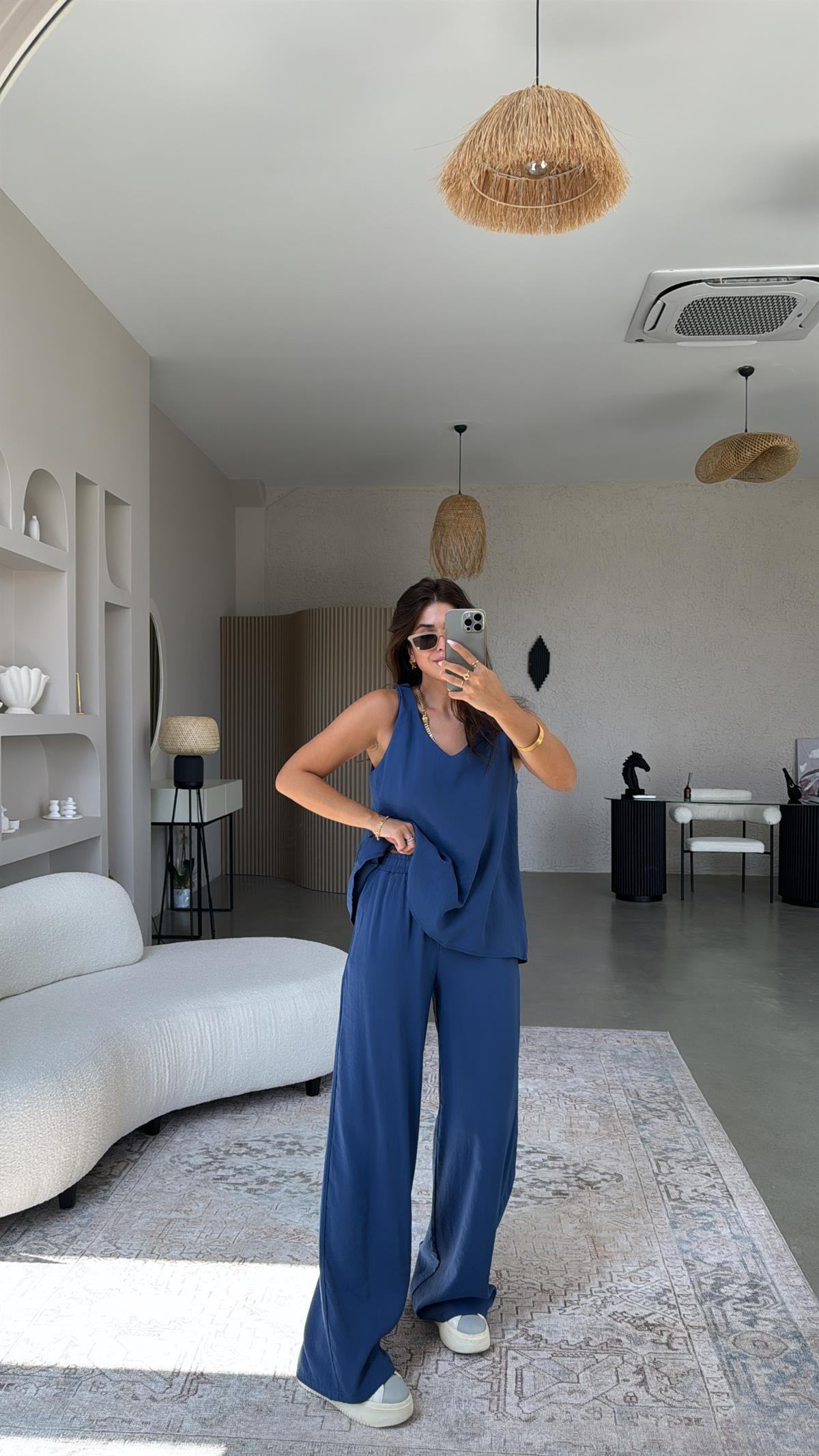 İndigo Pantolon Bluz Dökümlü Takım