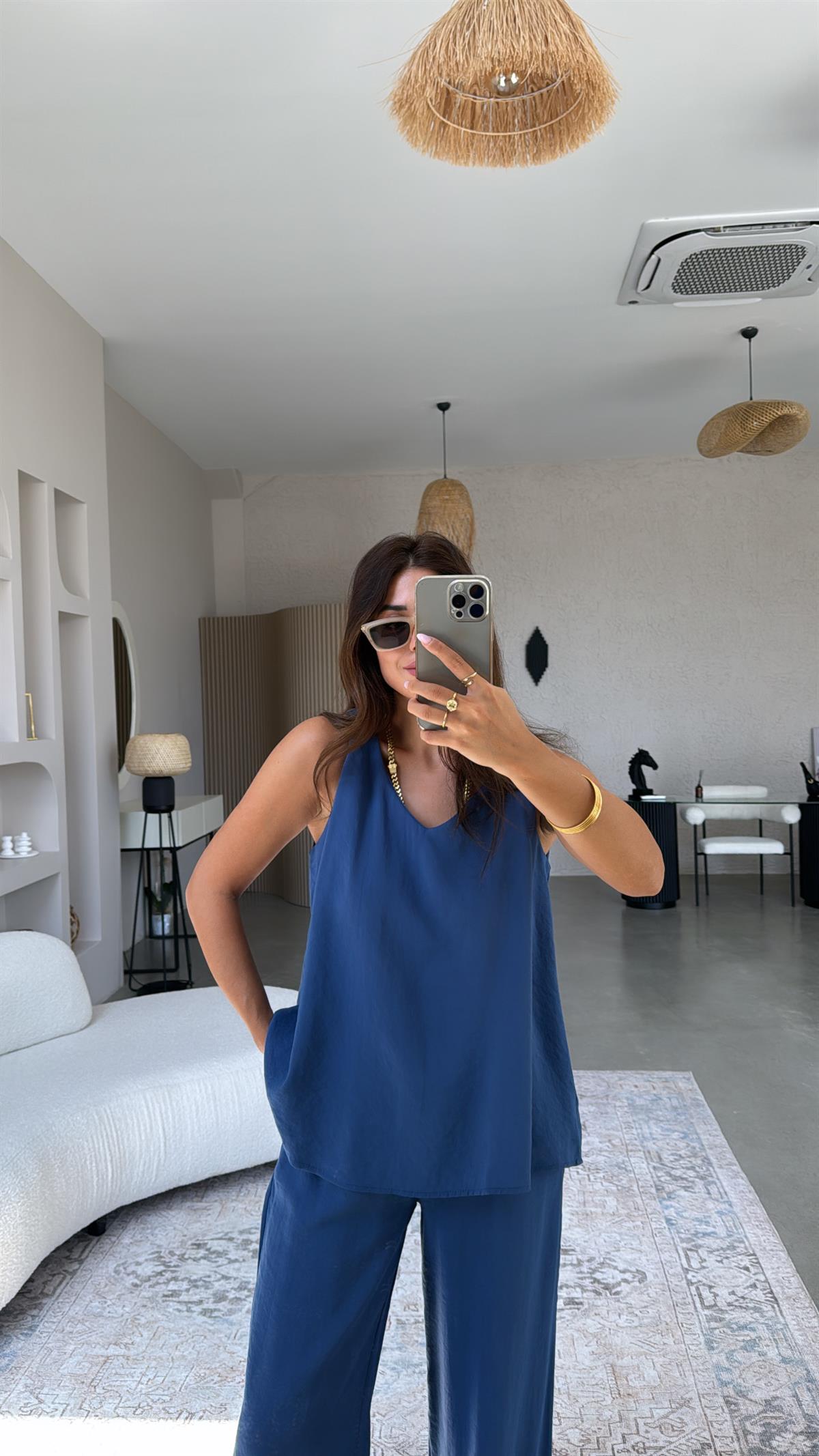 İndigo Pantolon Bluz Dökümlü Takım