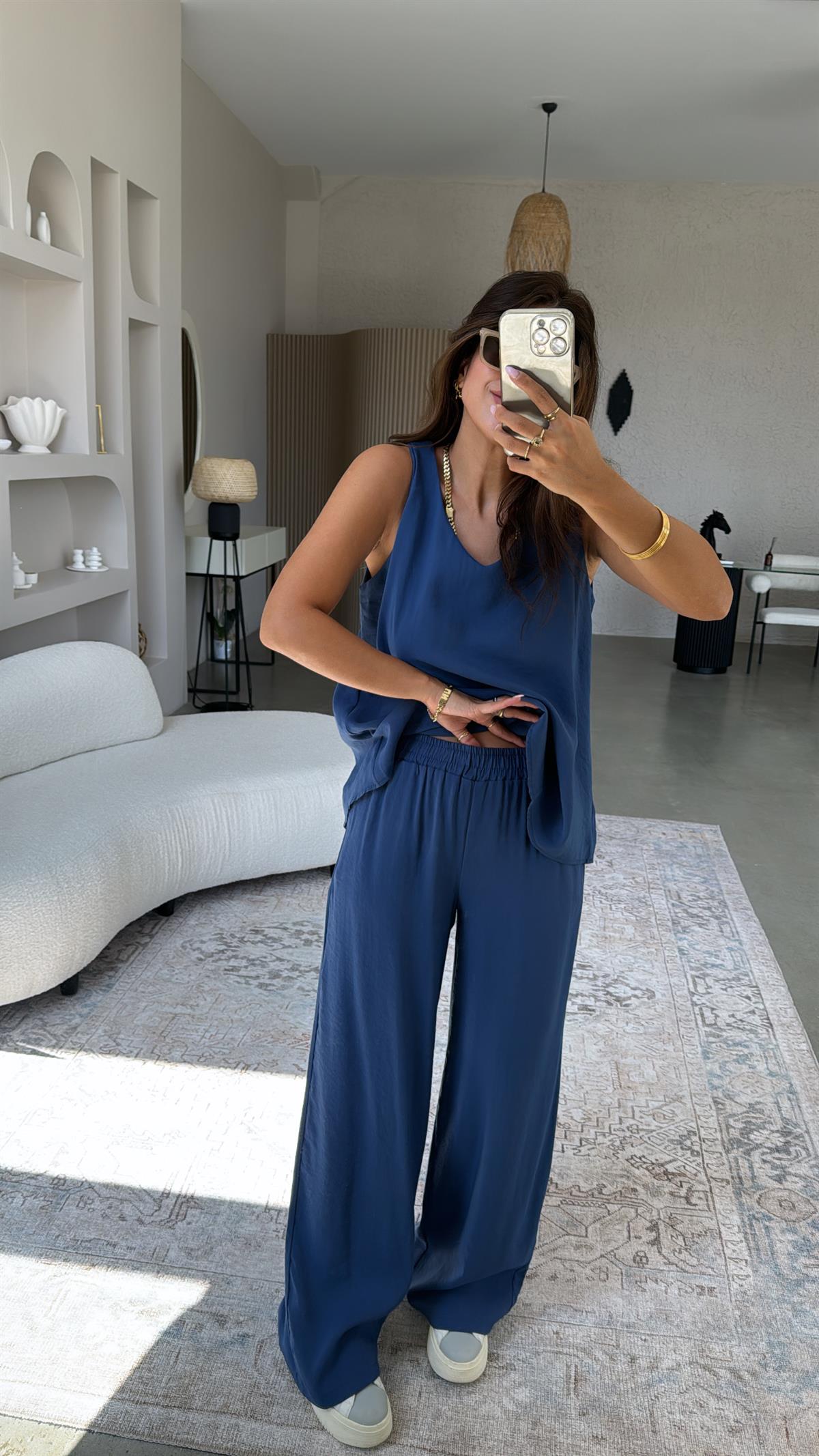 İndigo Pantolon Bluz Dökümlü Takım