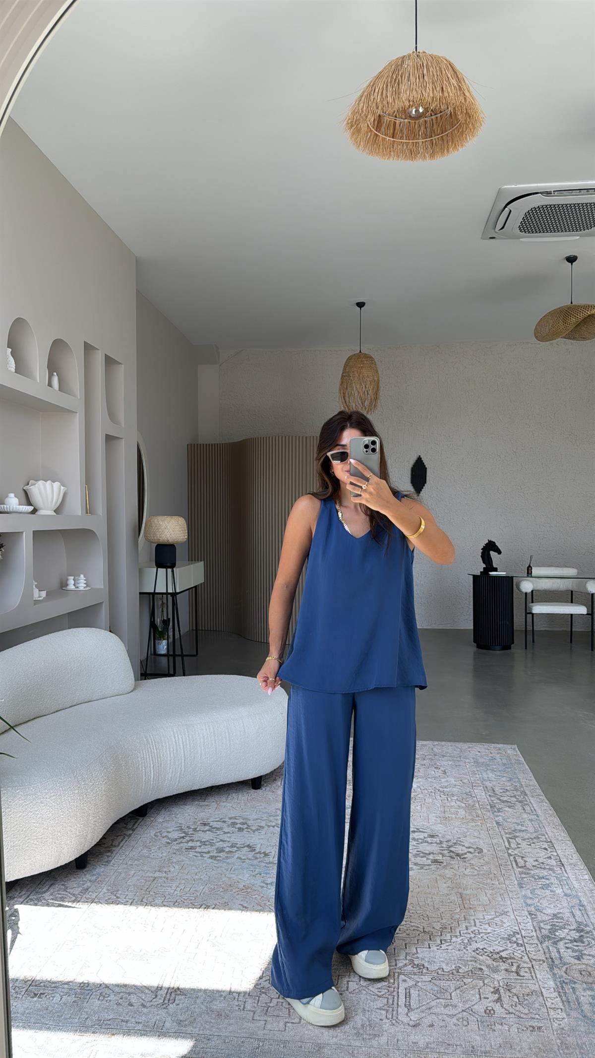 İndigo Pantolon Bluz Dökümlü Takım