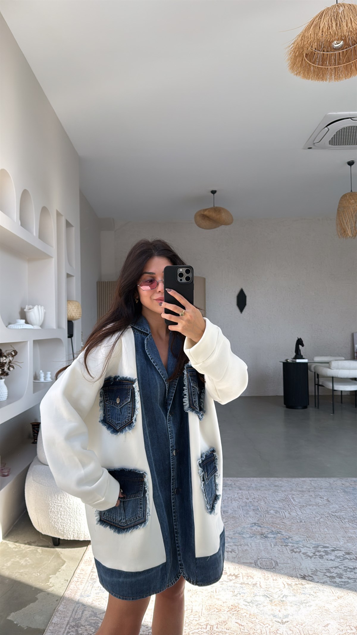 Jean Detaylı İthal Oversize Şardonlu Uzun Ceket