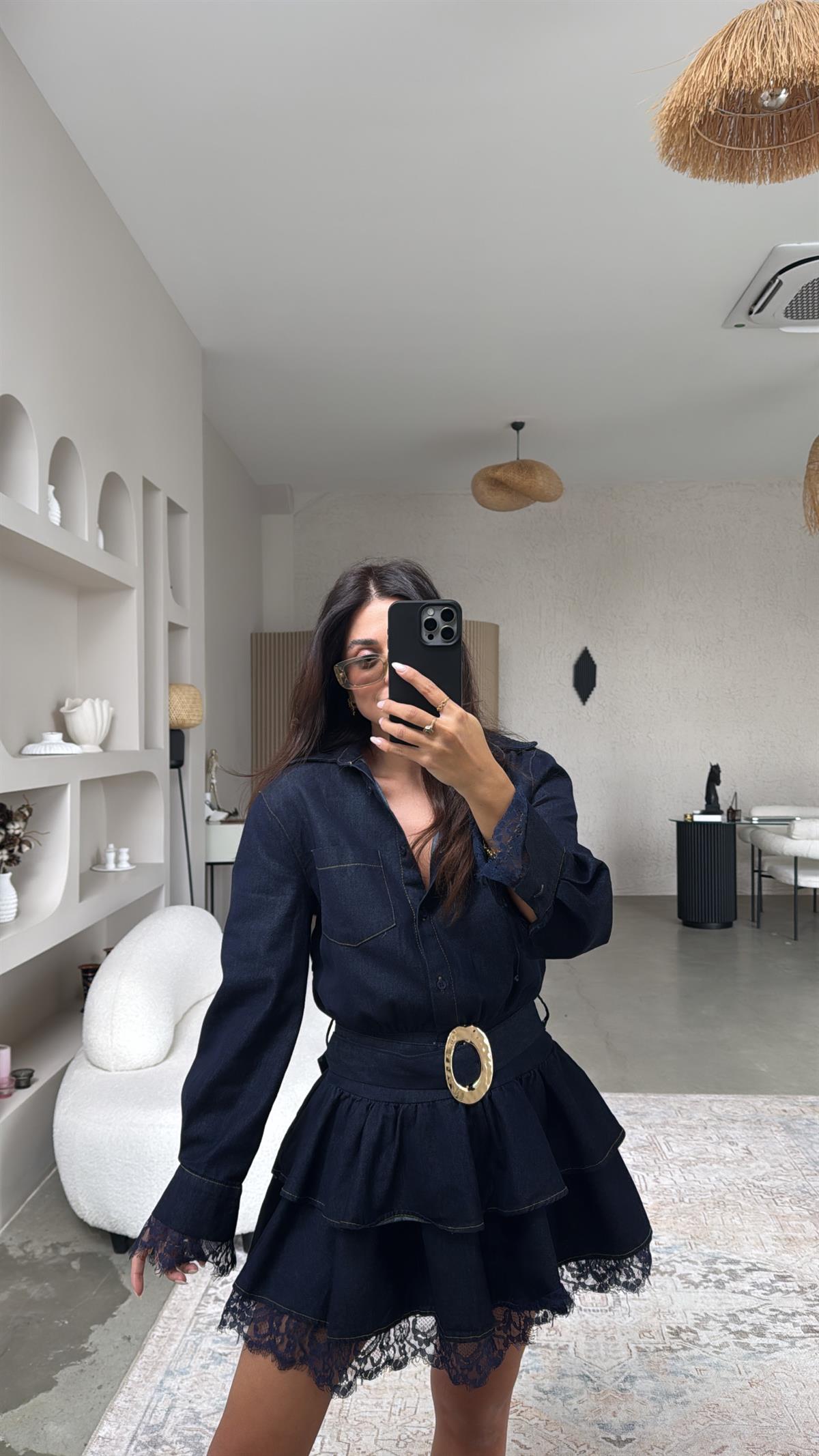 Jean Kumaş Premium Çift Kat Dantel Detaylı Elbise