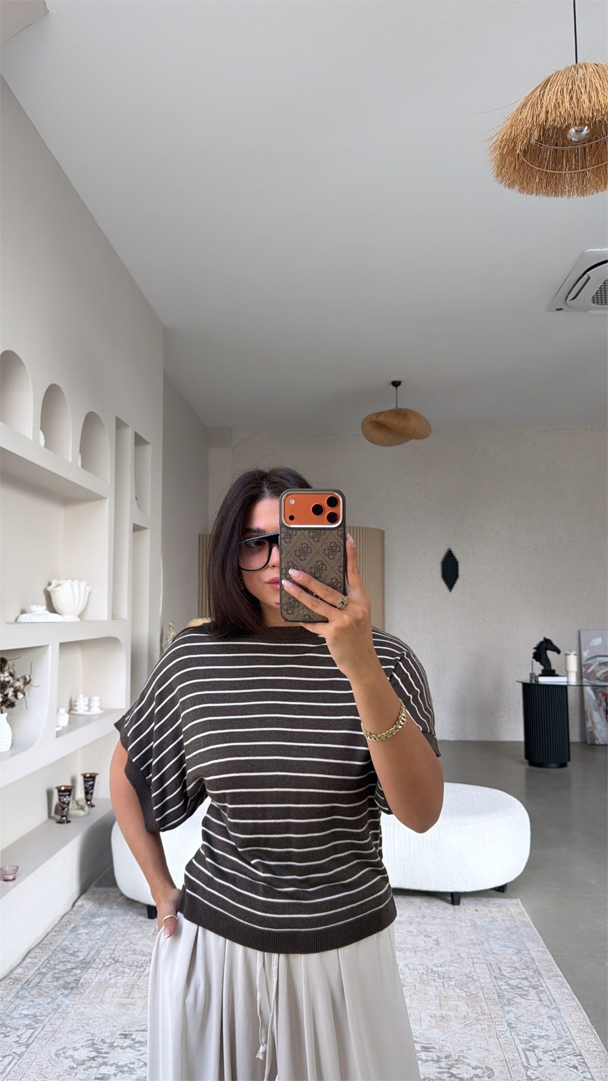 Kahve Ekru Çizgili Yarasa Kol Triko Bluz