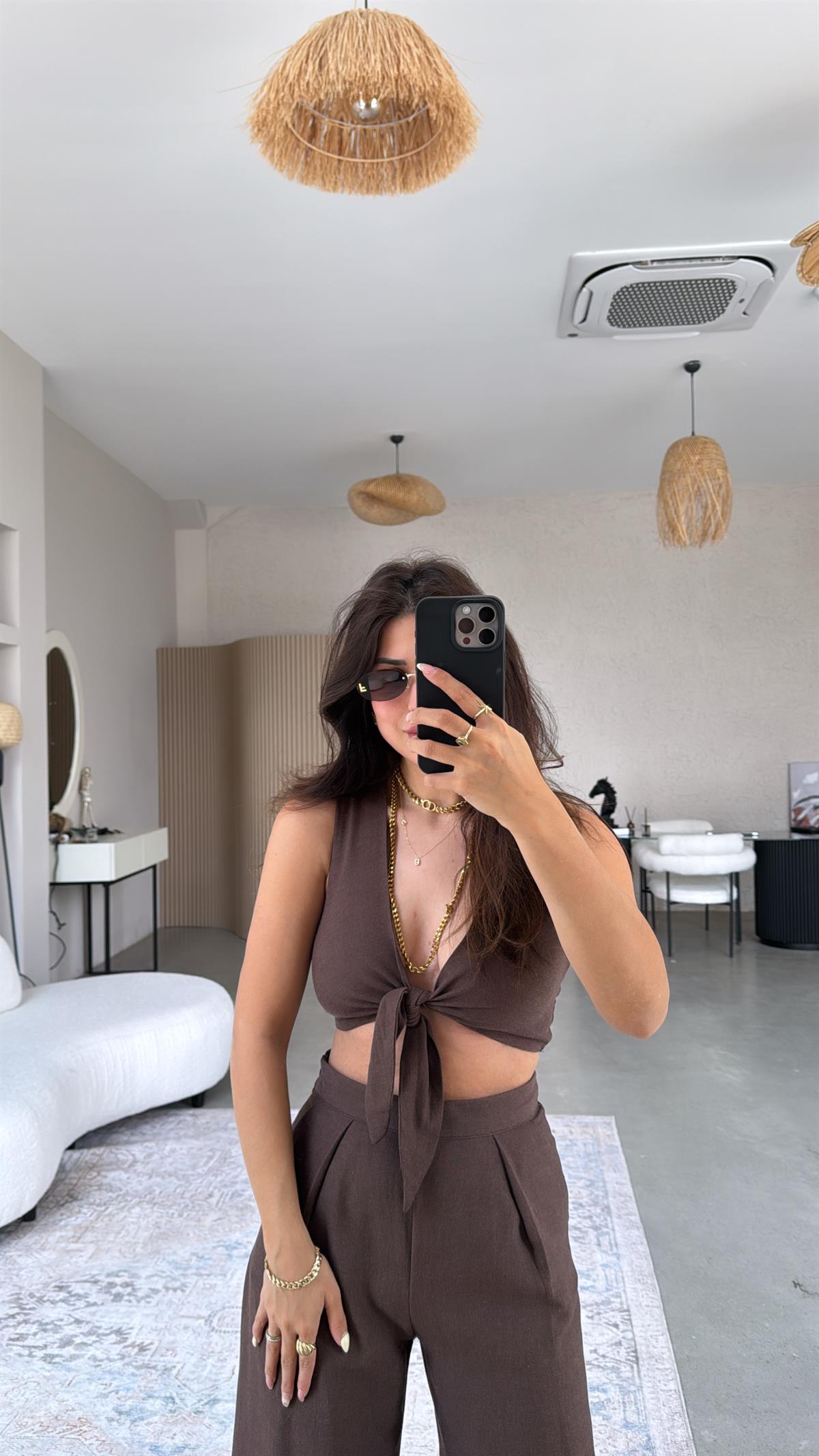 Kahve Keten Bağlamalı Bluzlu Takım