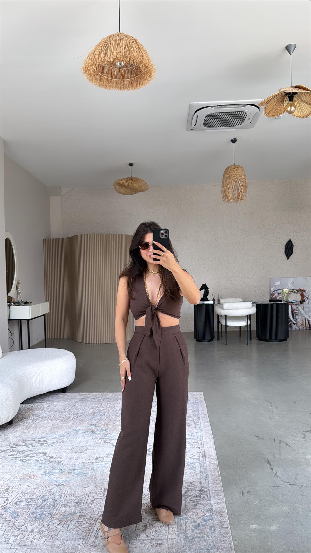 Kahve Keten Bağlamalı Bluzlu Takım