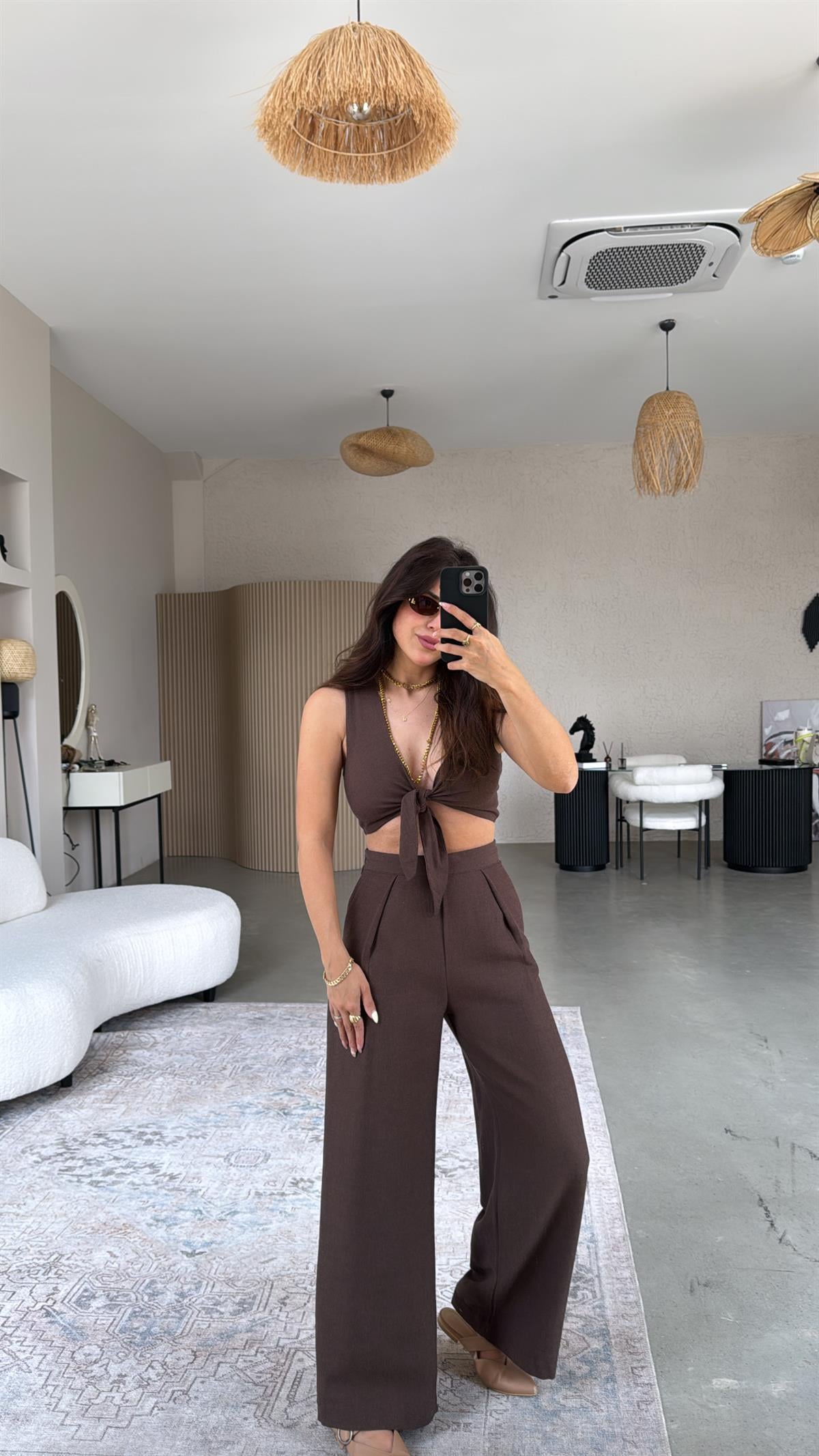 Kahve Keten Bağlamalı Bluzlu Takım