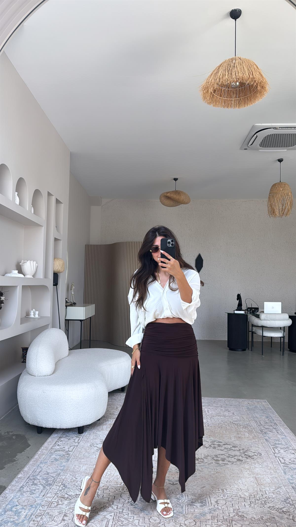 Kahverengi Asimetrik Beli Korse Etkili Etek