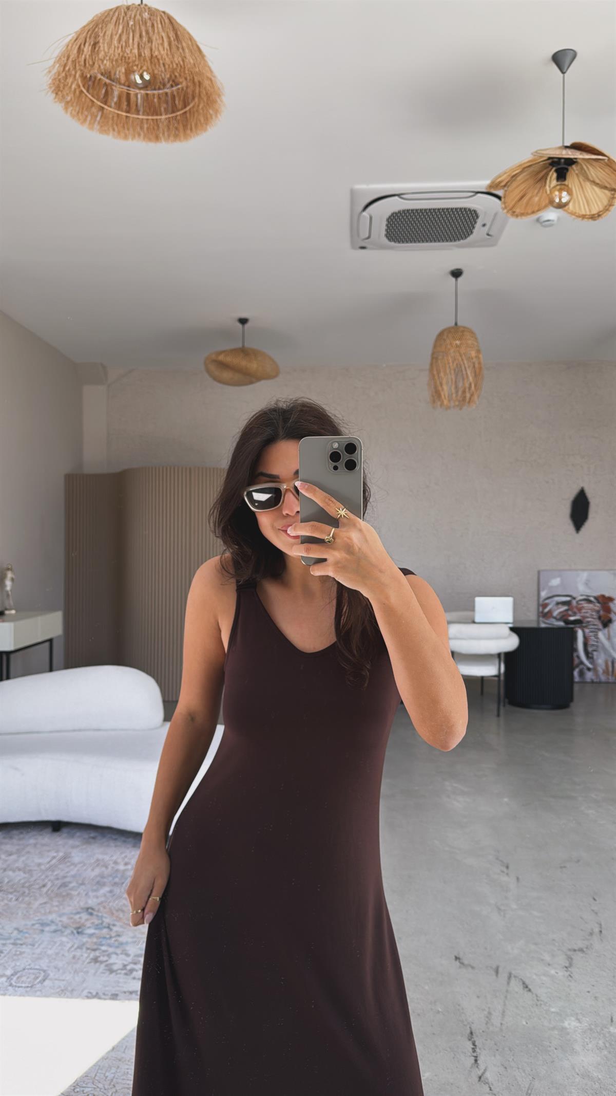 Kahverengi Askıları Lastikli Pike Modal Elbise