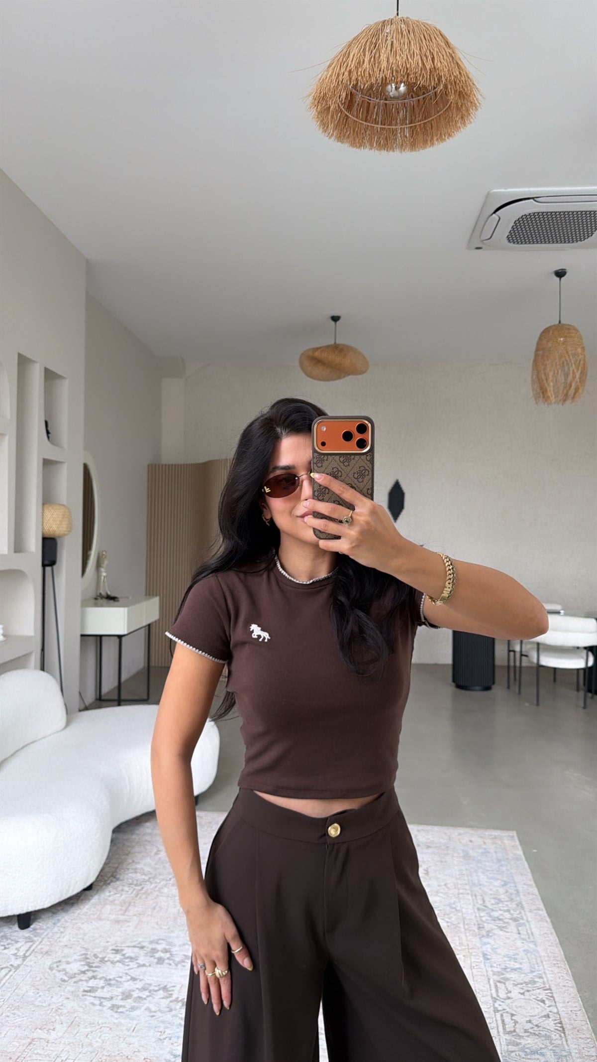 Kahverengi At Nakışlı Pamuk Crop Tshirt