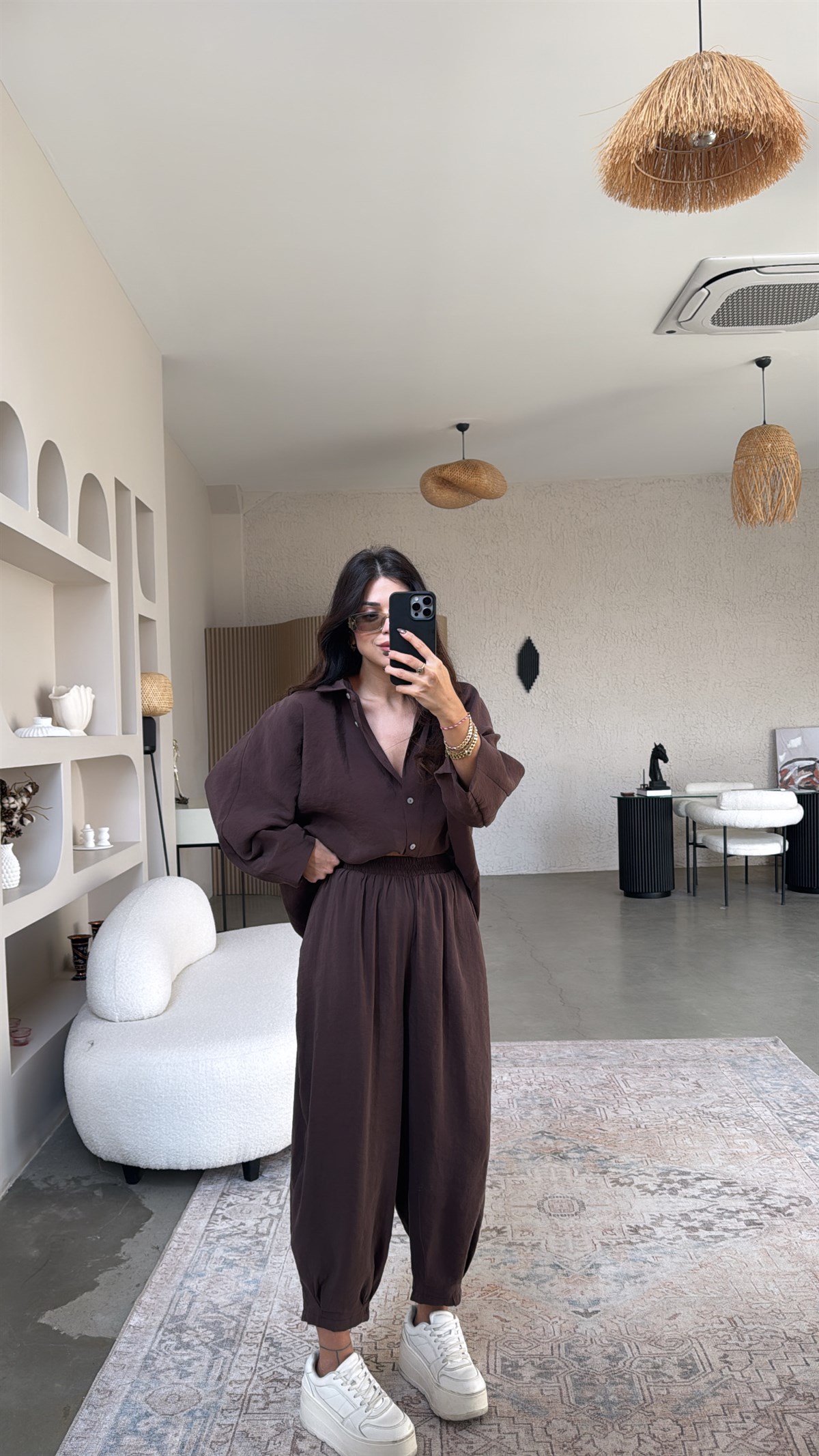 Kahverengi Baggy Pantolon Gömlek Tensel Takım