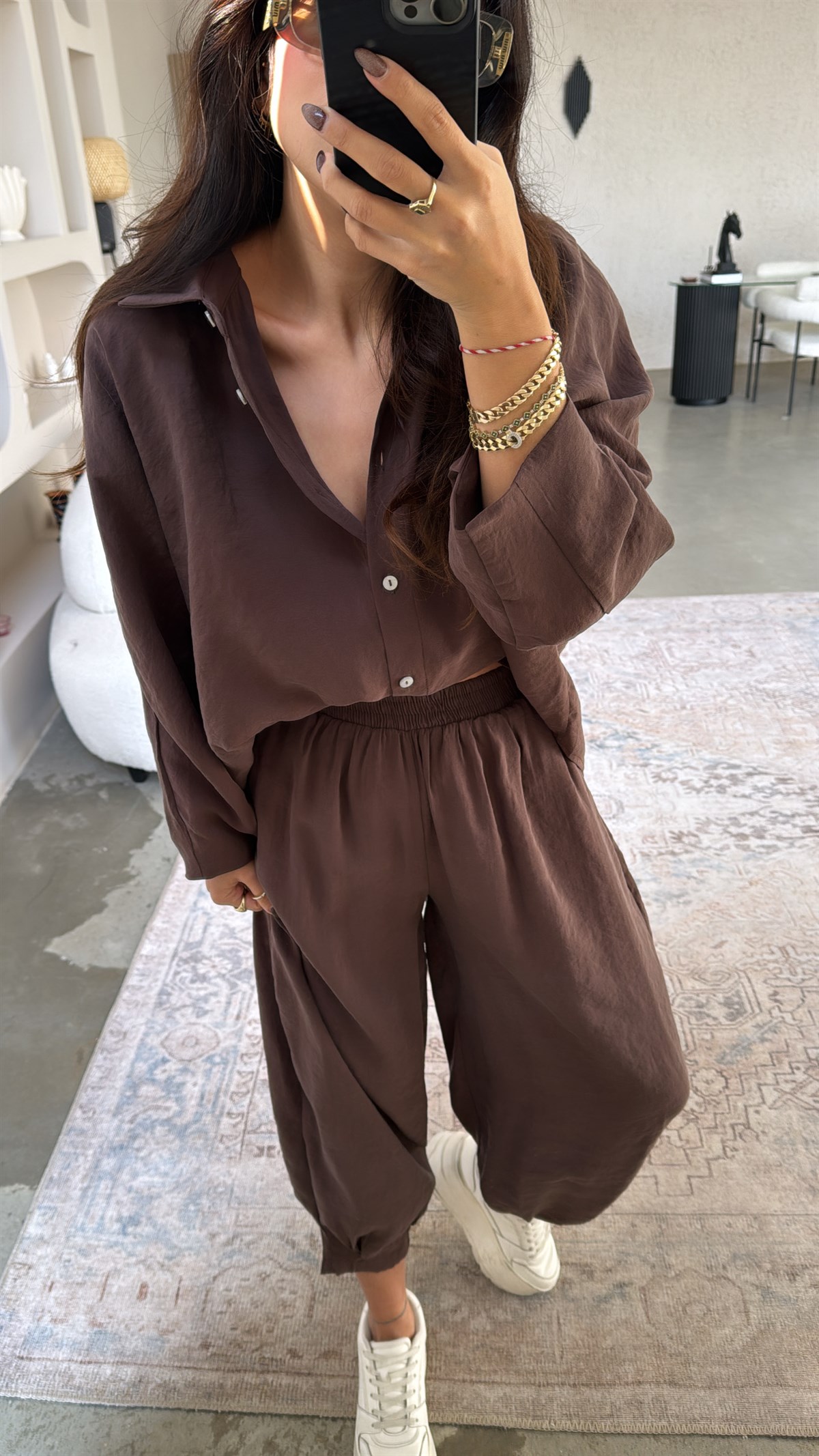 Kahverengi Baggy Pantolon Gömlek Tensel Takım