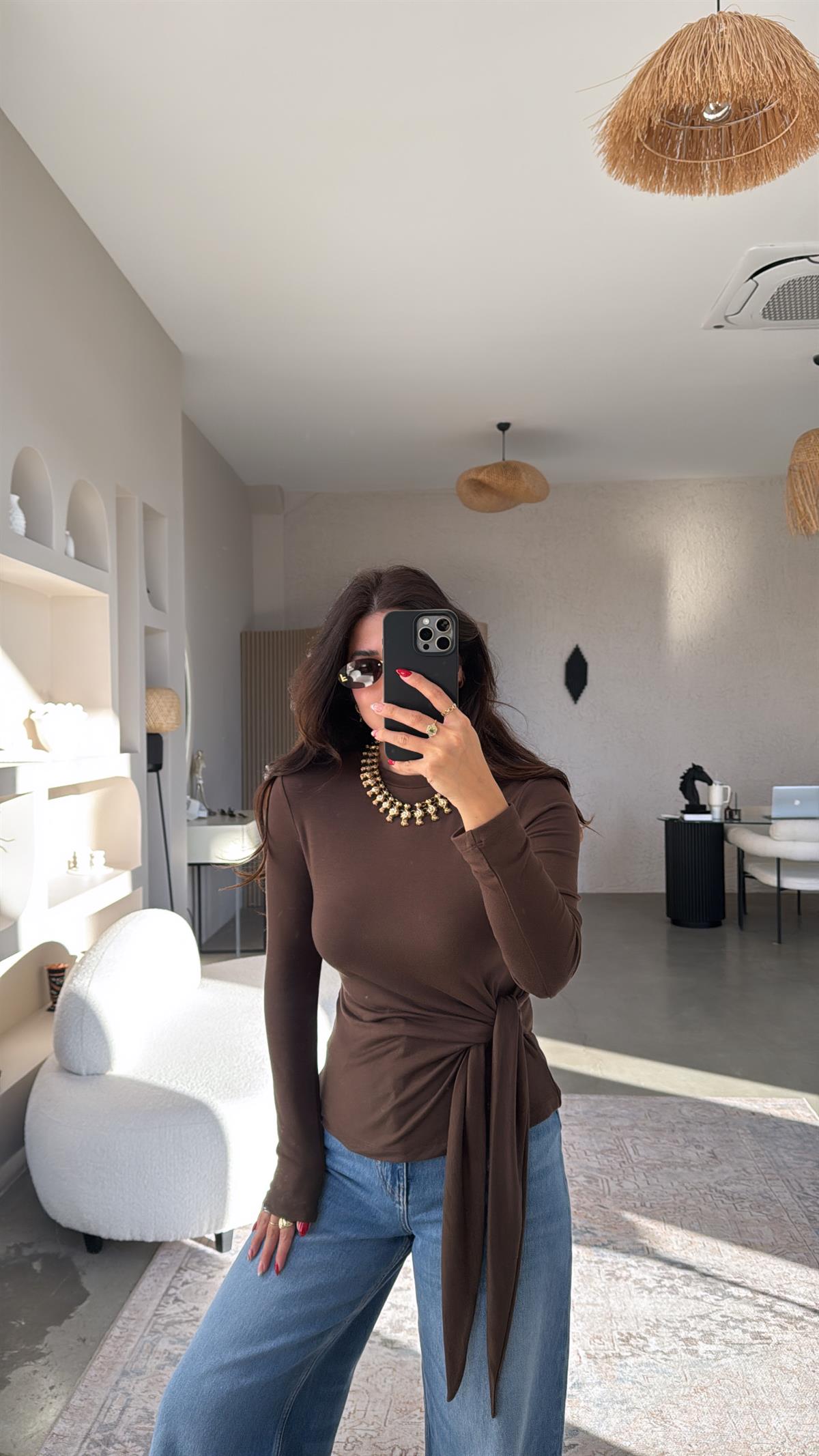 Kahverengi Bağlamalı İthal Kumaş Bluz