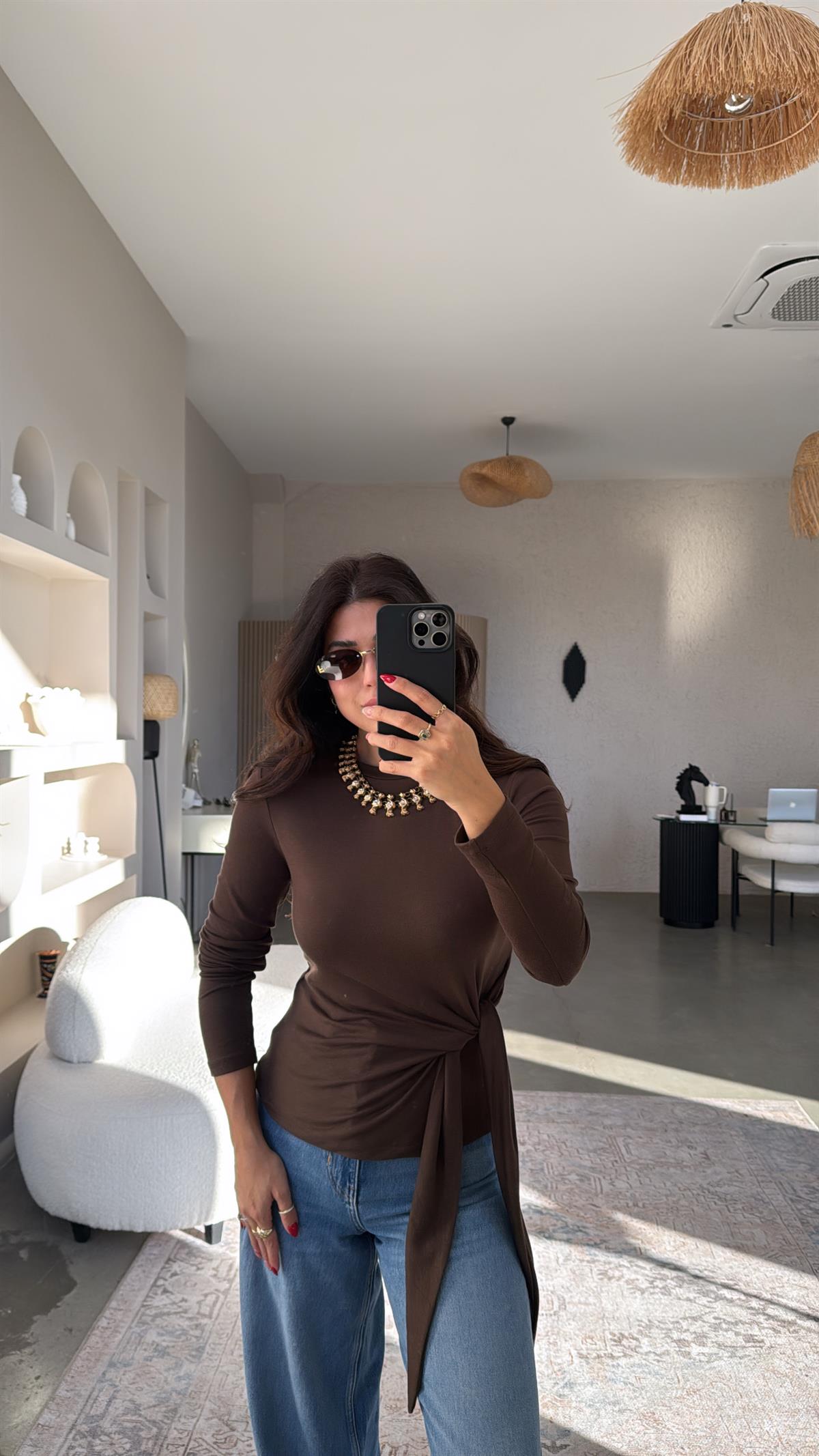 Kahverengi Bağlamalı İthal Kumaş Bluz