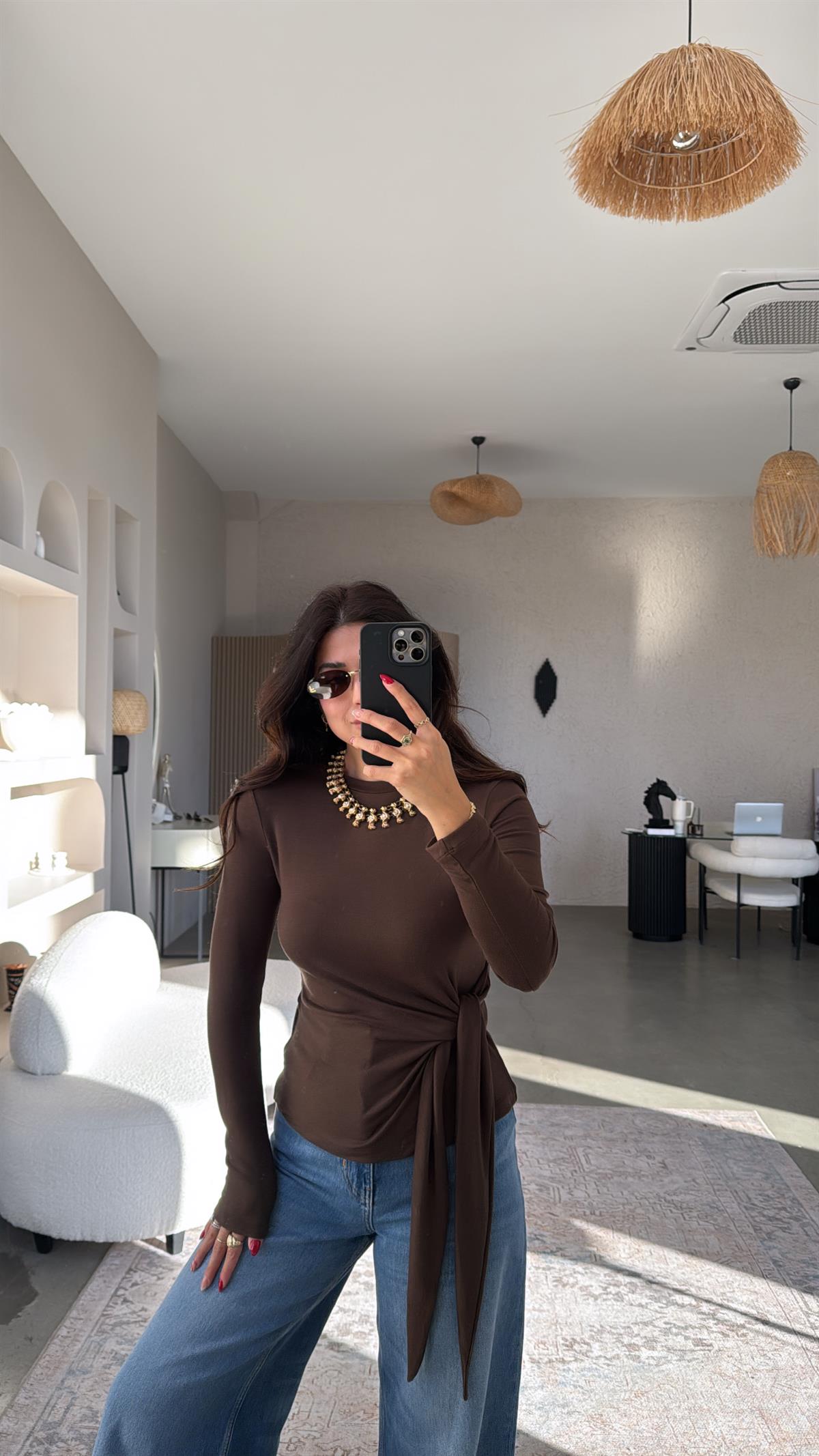 Kahverengi Bağlamalı İthal Kumaş Bluz