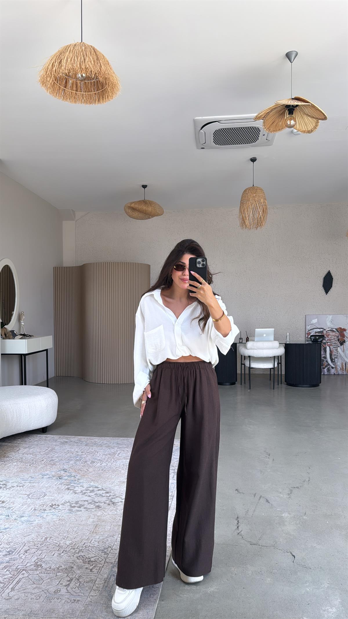 Kahverengi Basic Keten Pantolon