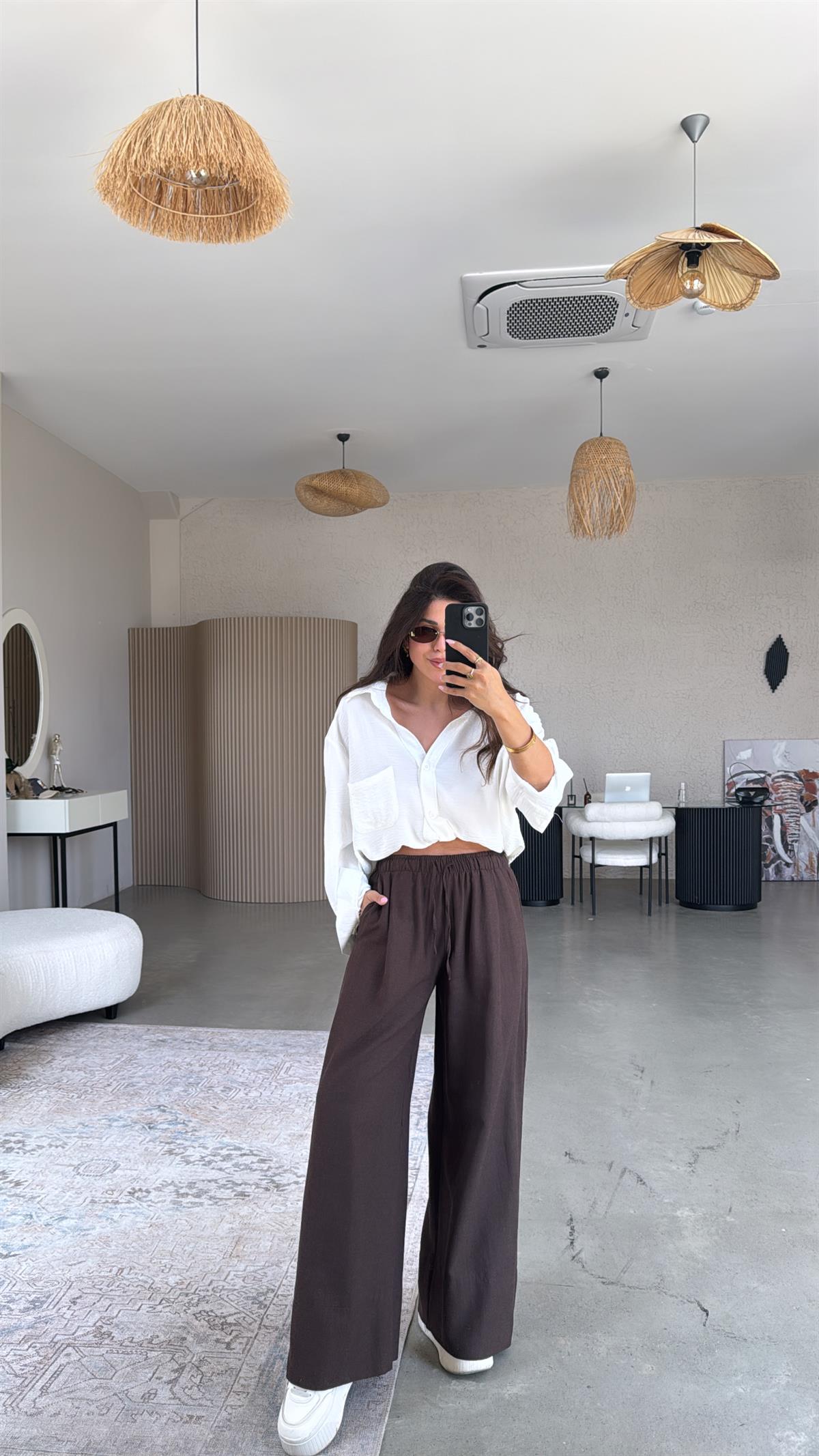 Kahverengi Basic Keten Pantolon