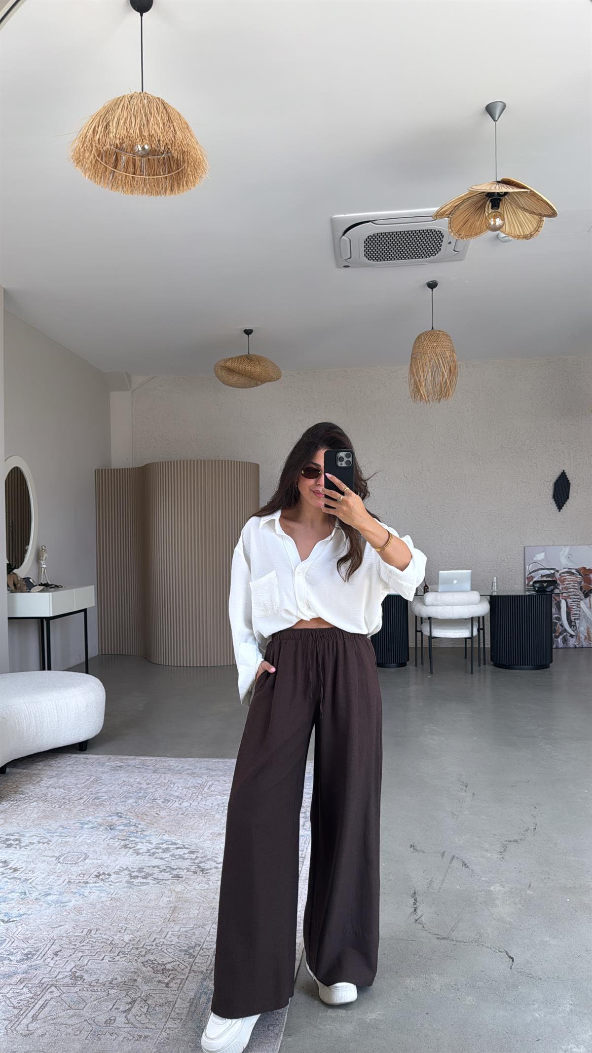 Kahverengi Basic Keten Pantolon
