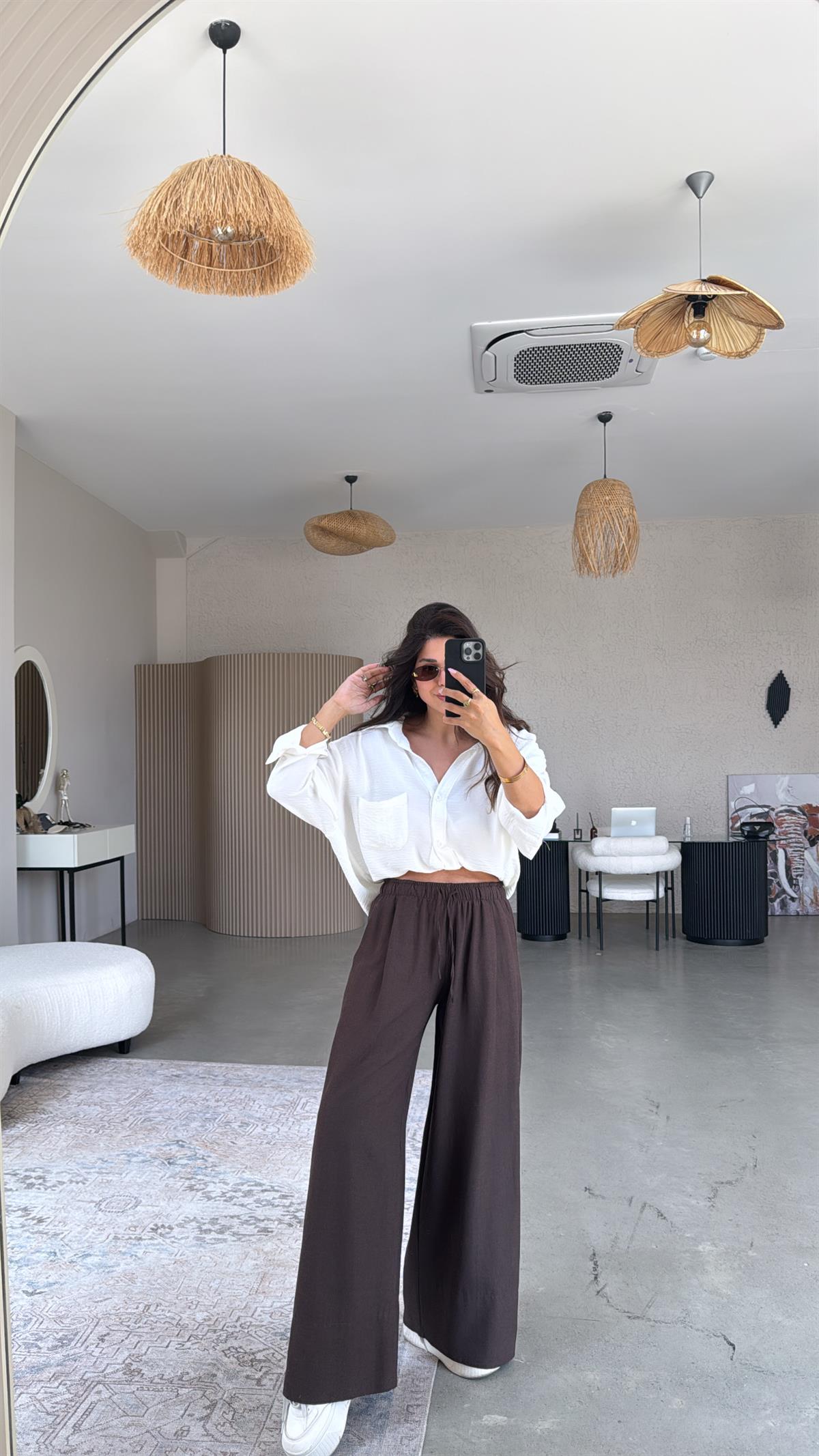 Kahverengi Basic Keten Pantolon